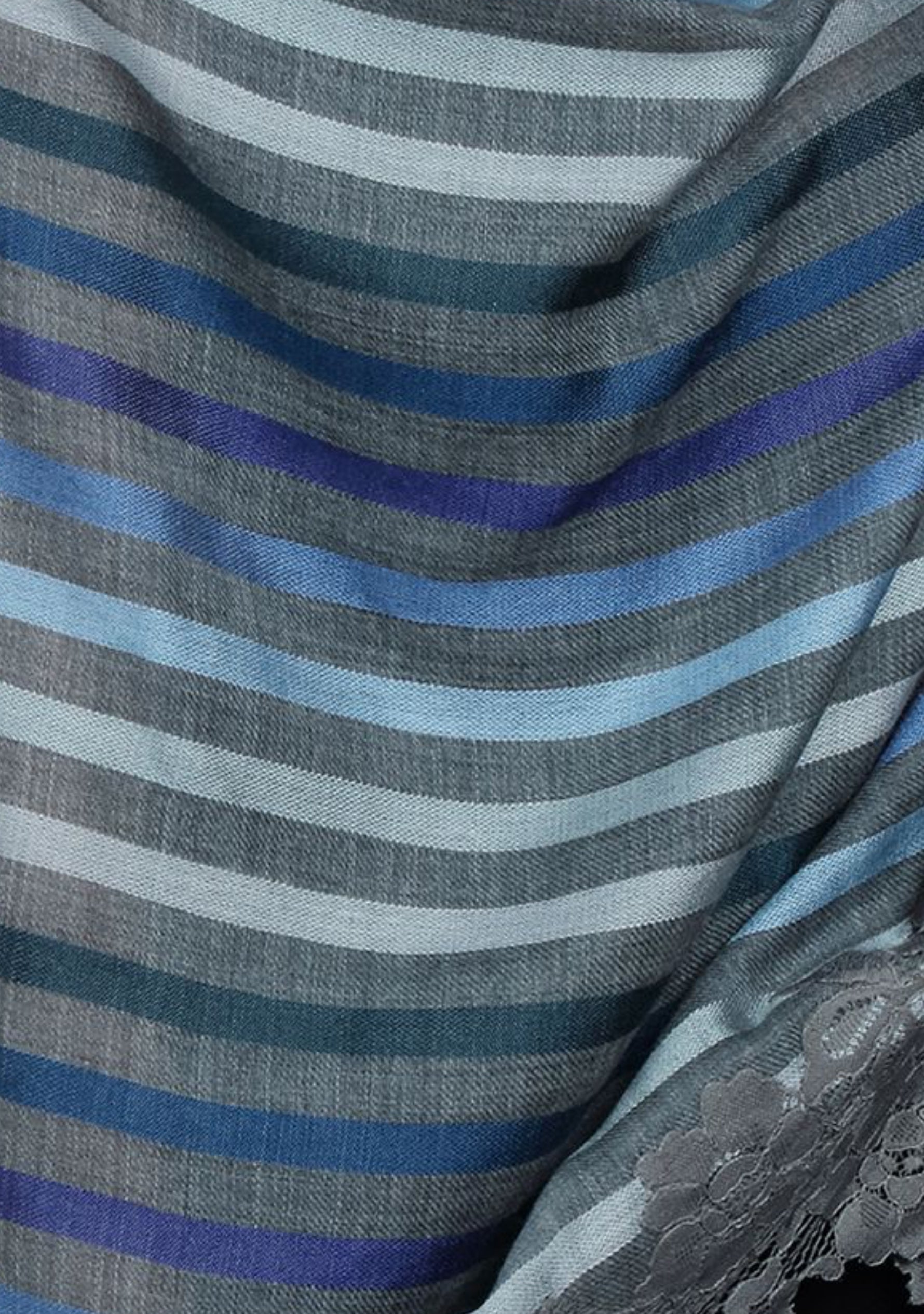 Grey Wool and Silk Multi-Blue Striped Scarf with Grey Floral Lace Border