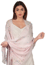Pink Linen and Modal Scarf with Multi-colored Rudraksha Pearls