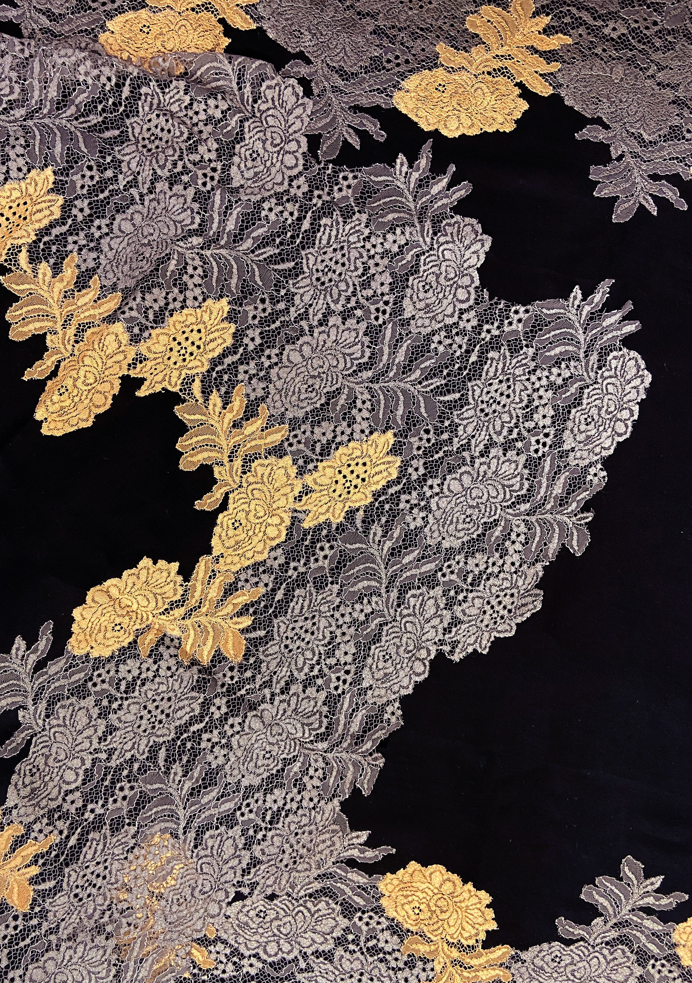 Black Wool and Silk Scarf with Antique Silver and Dk. Gold Double-Color Floral Lace Border