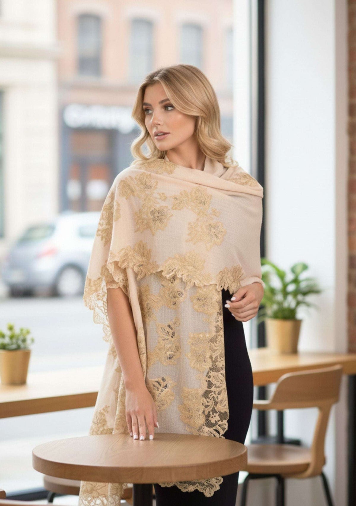Beige cashmere scarf with handcrafted gold Chantilly lace in an elegant floral vine pattern, luxury designer scarf for women with soft cashmere and timeless sophistication.