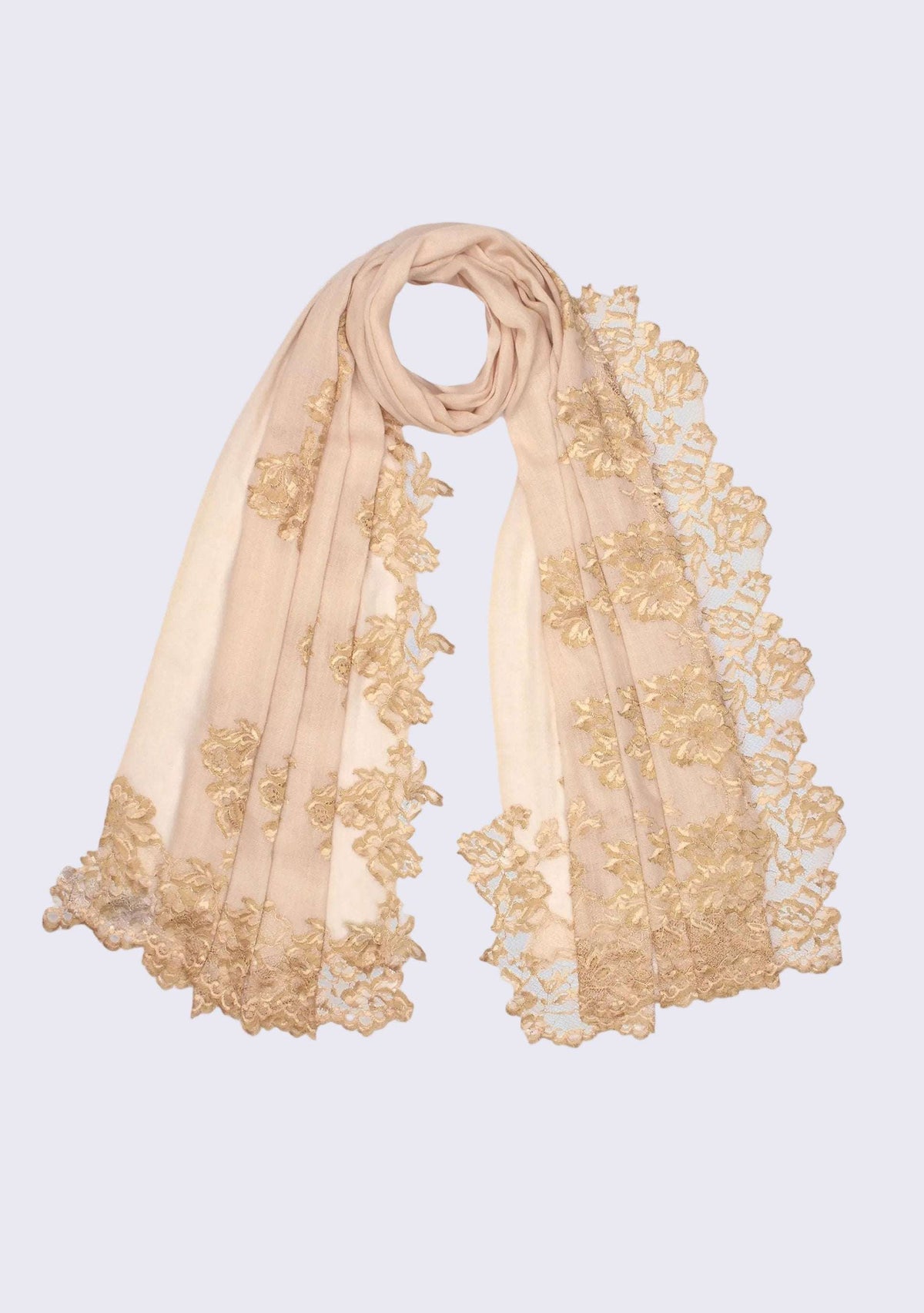 Luxury beige cashmere scarf featuring intricate gold Chantilly floral lace appliqué and delicate handcrafted detailing on a light grey background.