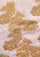 Close-up of handcrafted gold Chantilly lace on a soft beige cashmere scarf, showcasing intricate floral craftsmanship and premium luxury fabric.