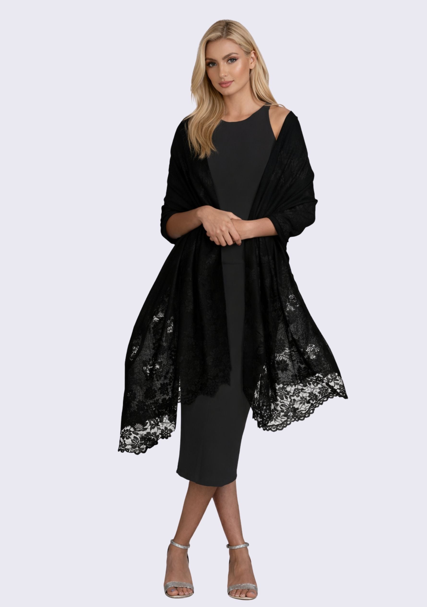 Black cashmere scarf draped to showcase handcrafted black Chantilly floral lace and the luxurious texture of fine cashmere.