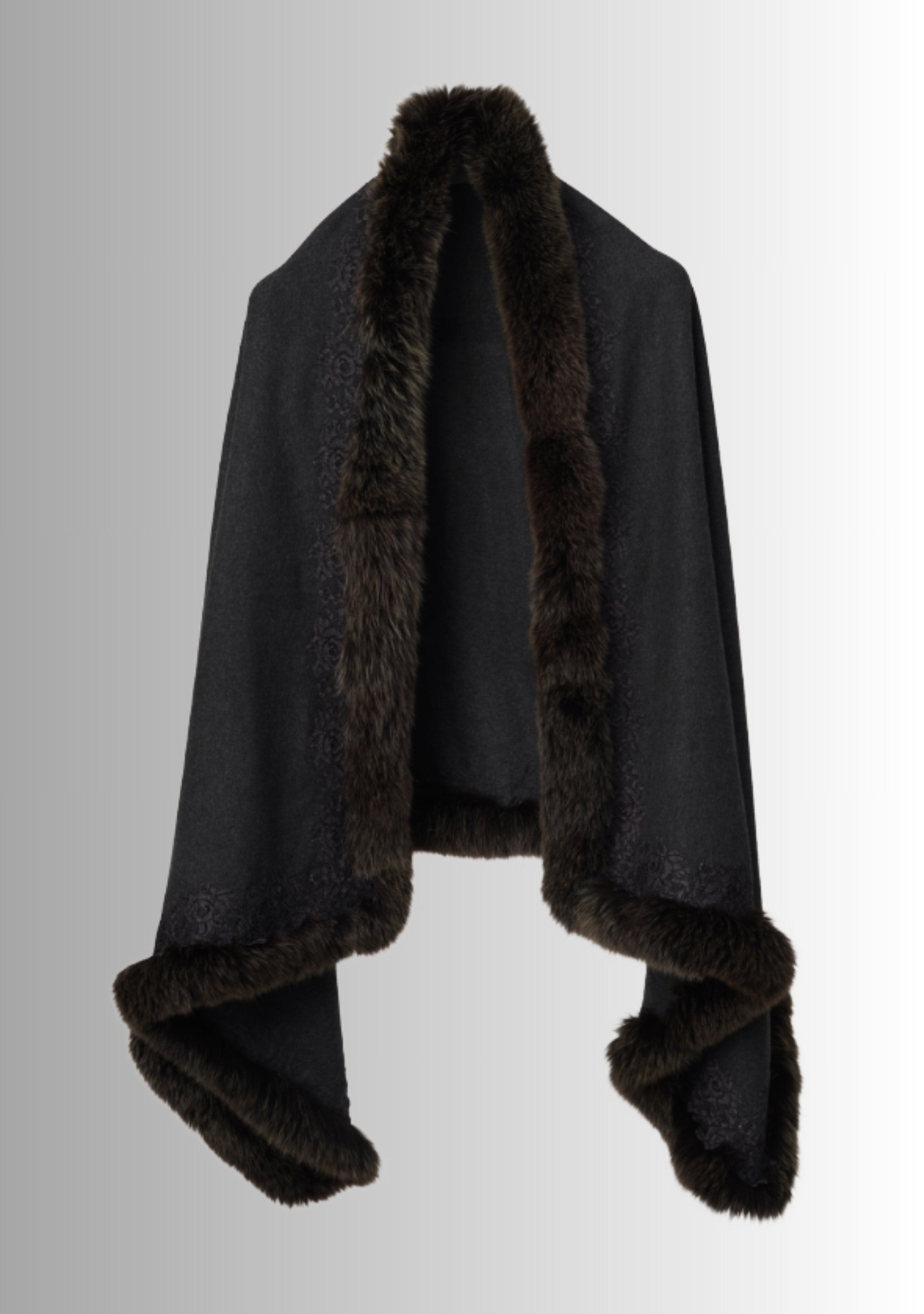 Charcoal Cashmere Stole Brown Fox Fur & Charcoal Floral Lace