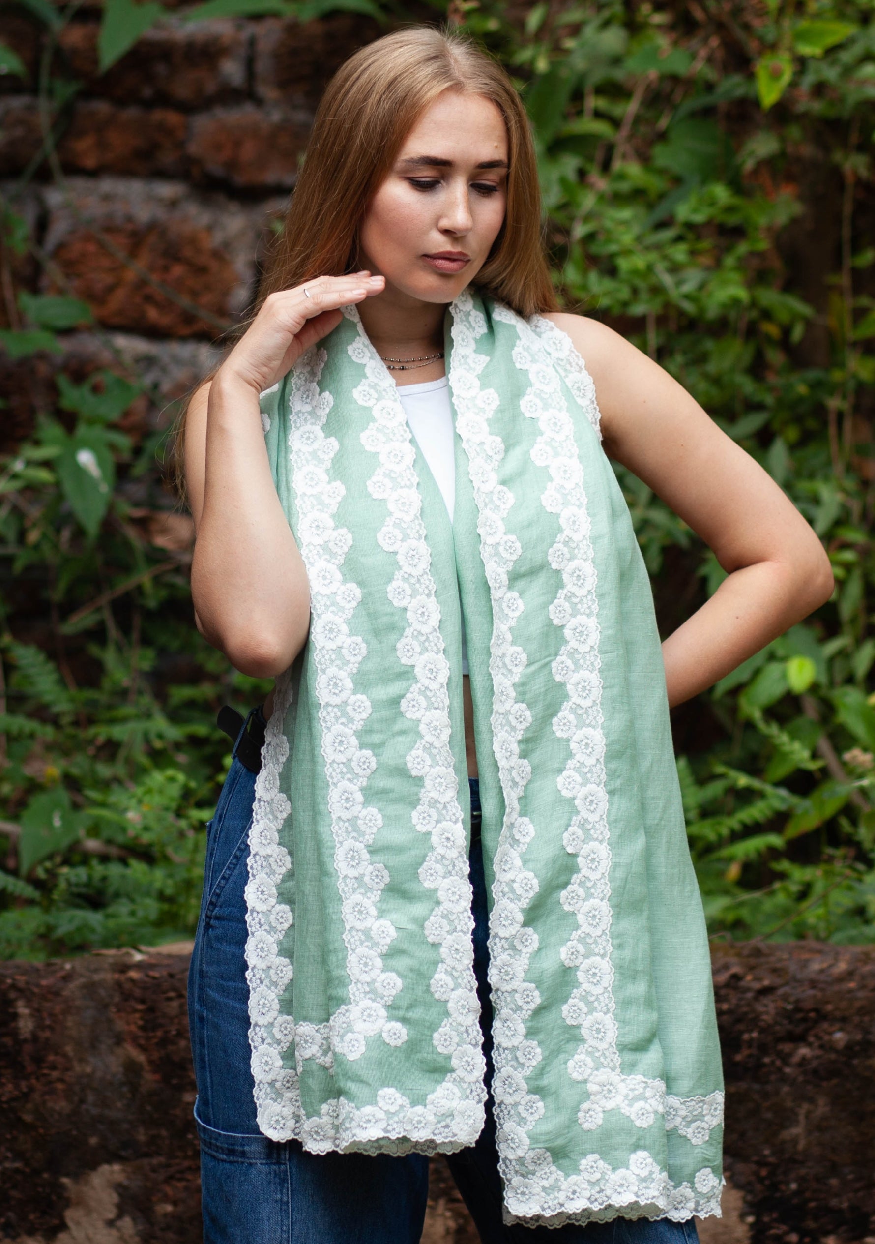 Lt. Sage Green Linen and Modal Scarf with a Double White Lace Border