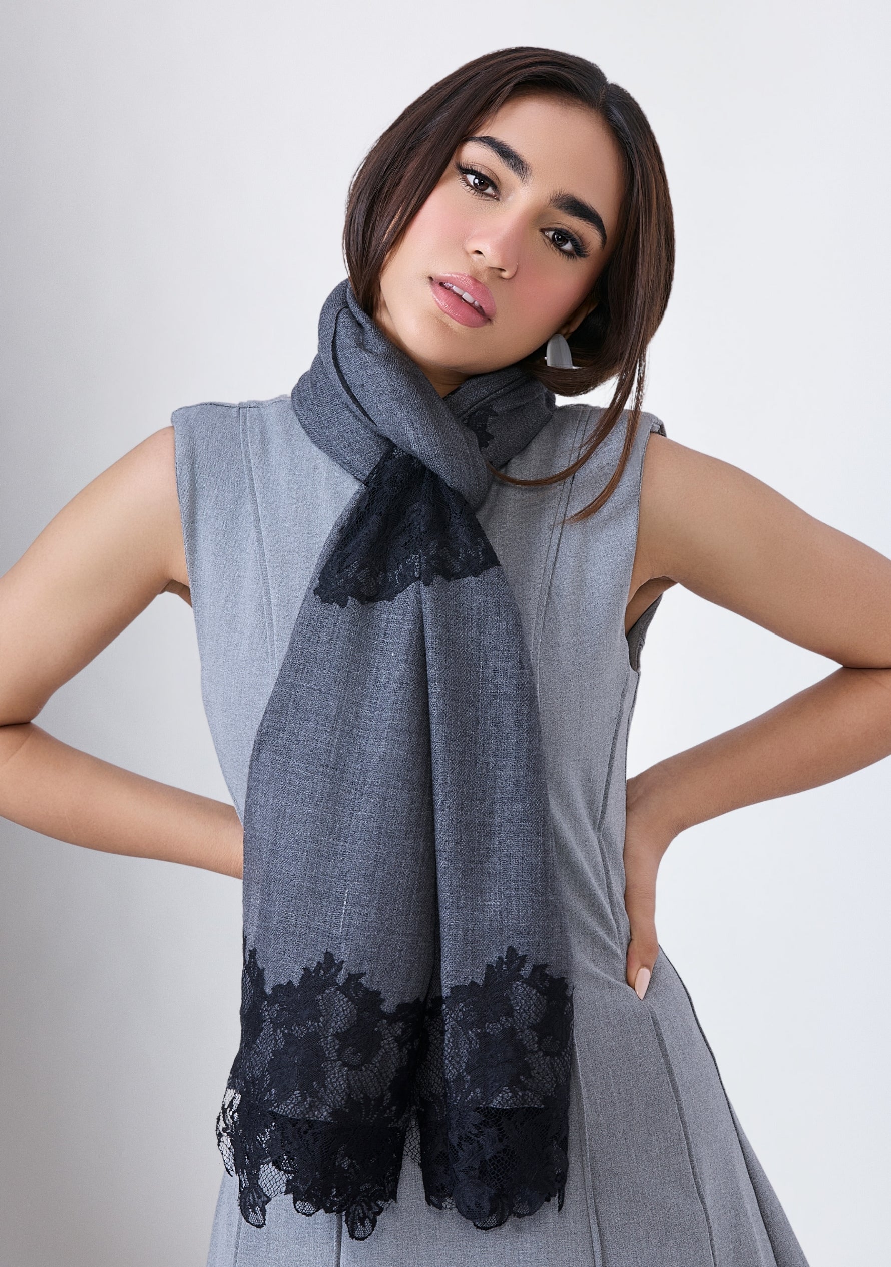 Charcoal Melange Wool and Silk Scarf with Black Floral Lace Panels