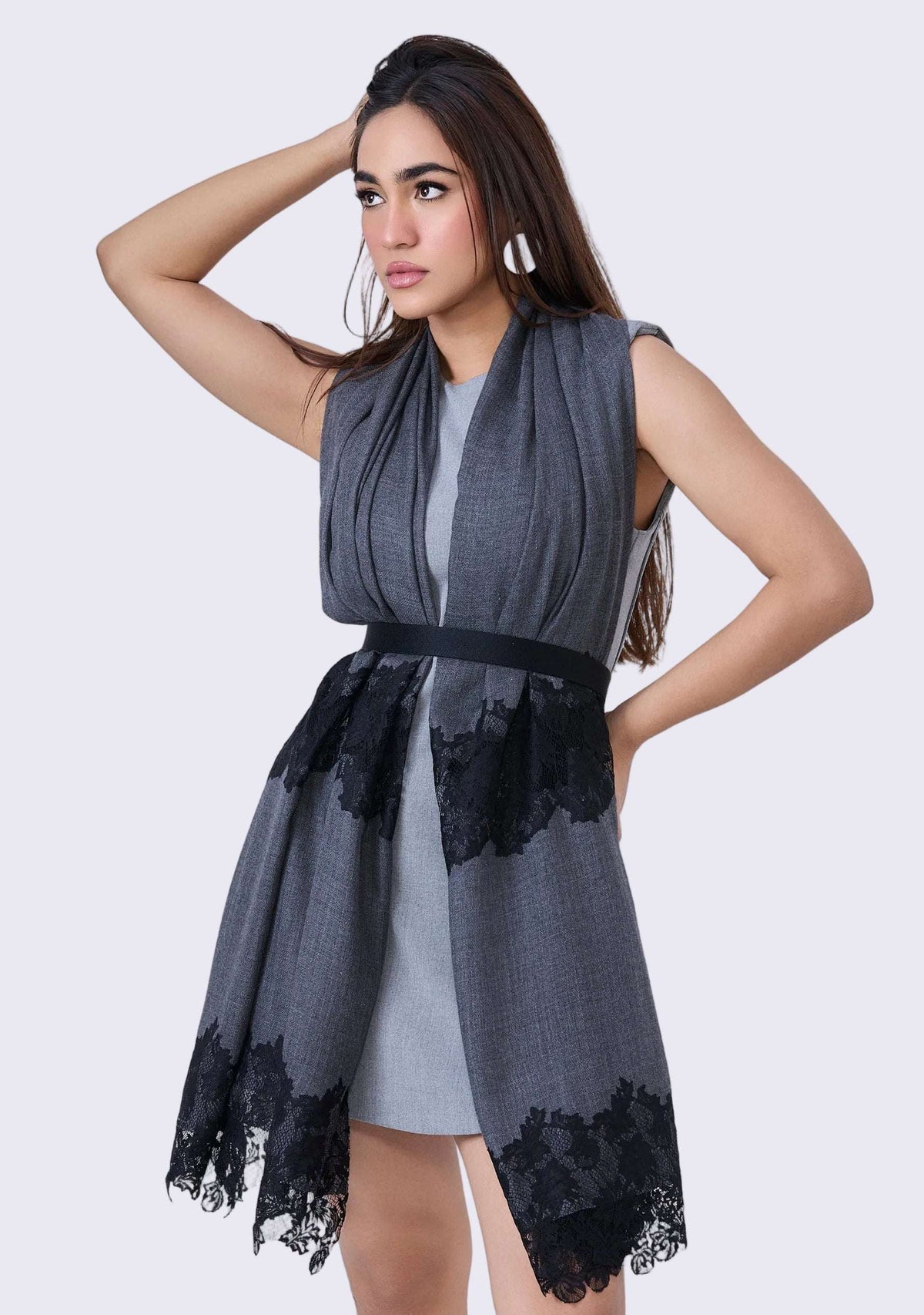 Charcoal Melange Wool & Silk Scarf Black Lace