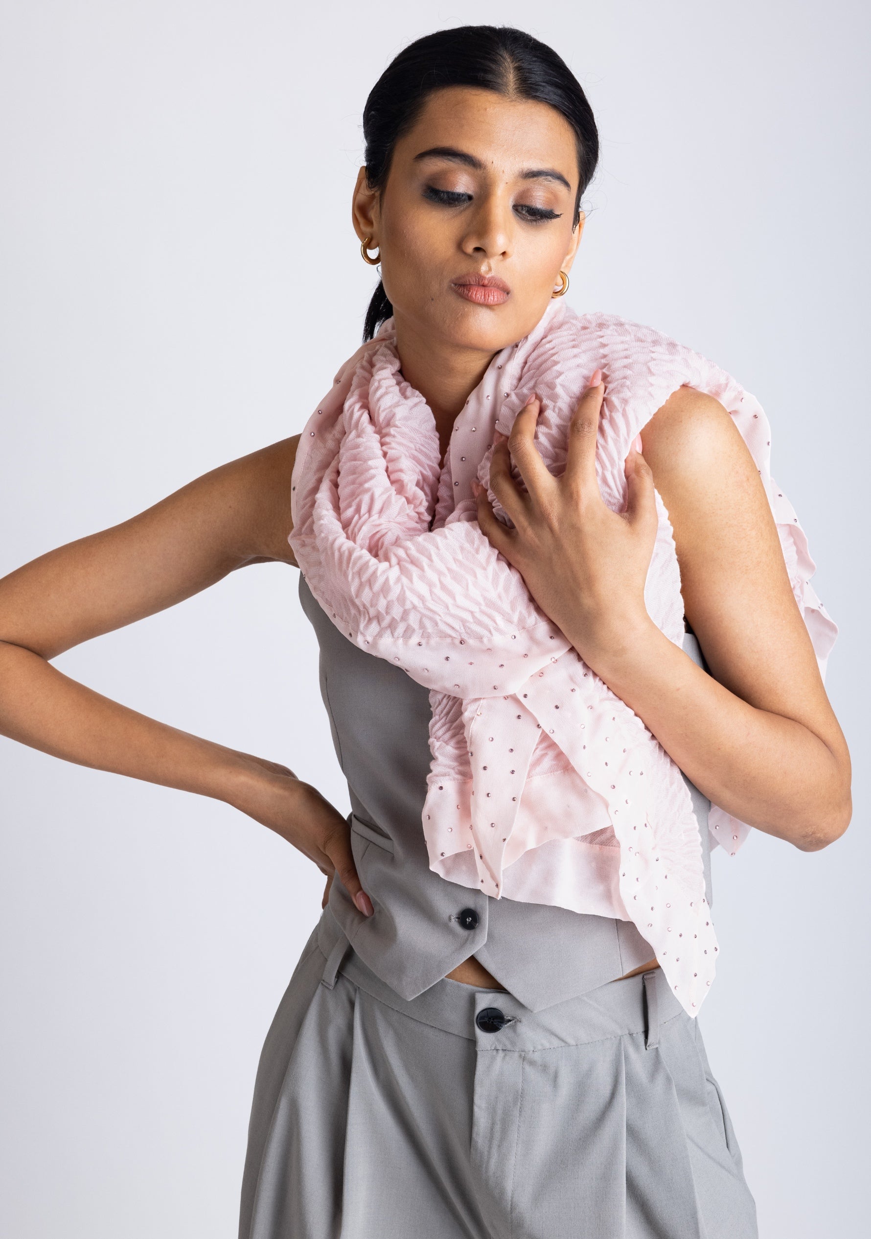 Lt. Pink Pleated Wool and Silk Scarf with Lt. Pink Georgette and Crystal Border