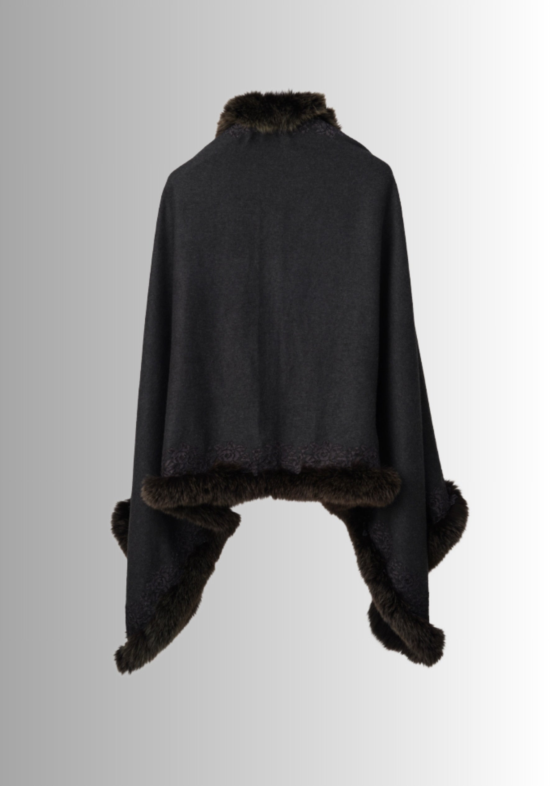 Charcoal Cashmere Stole Brown Fox Fur & Charcoal Floral Lace