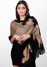 Natural Wool and Silk Scarf with a Black and DK. Gold Double Color Floral Lace Border