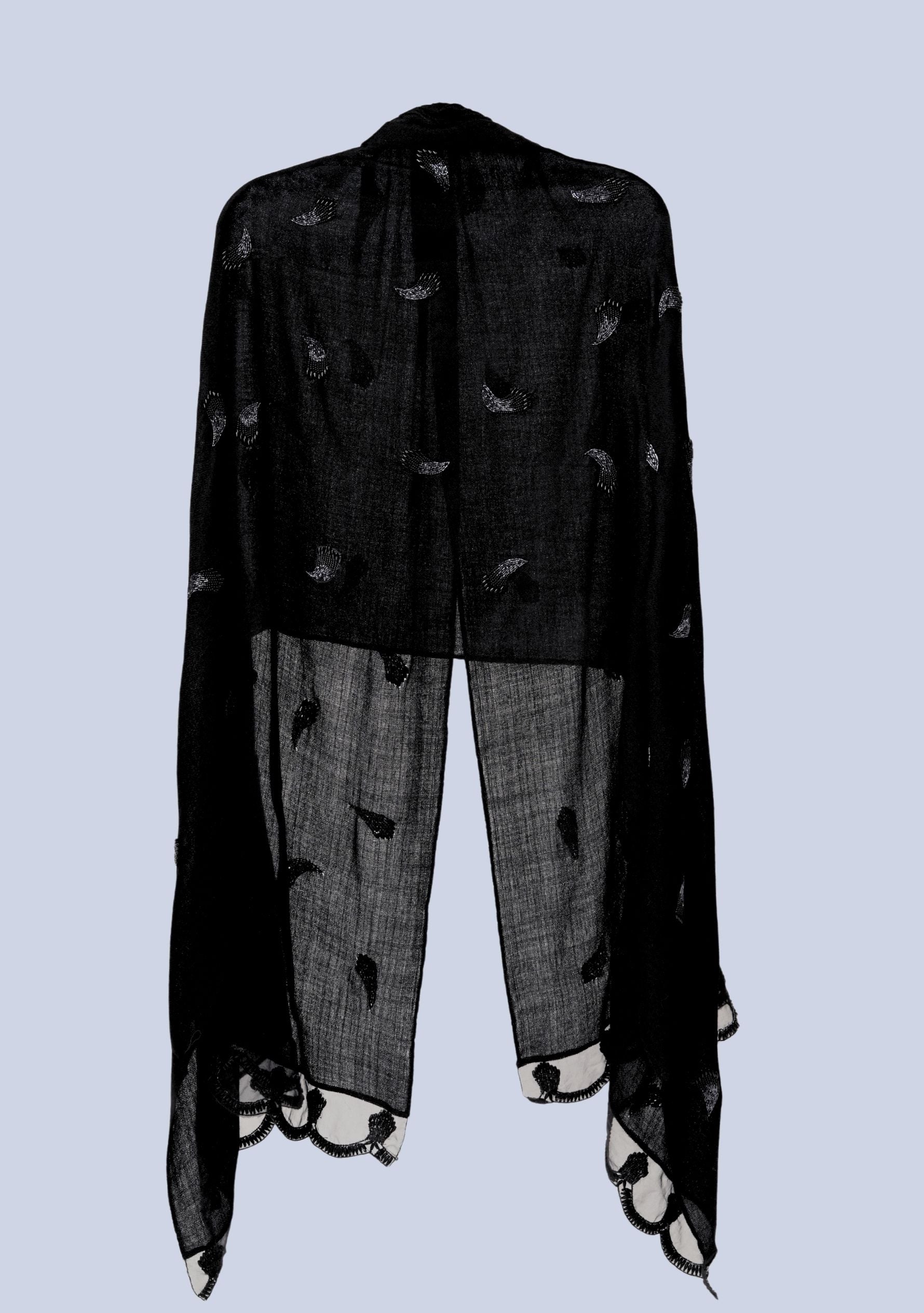 Black Cashmere Scarf Black Hand-beaded Pearls