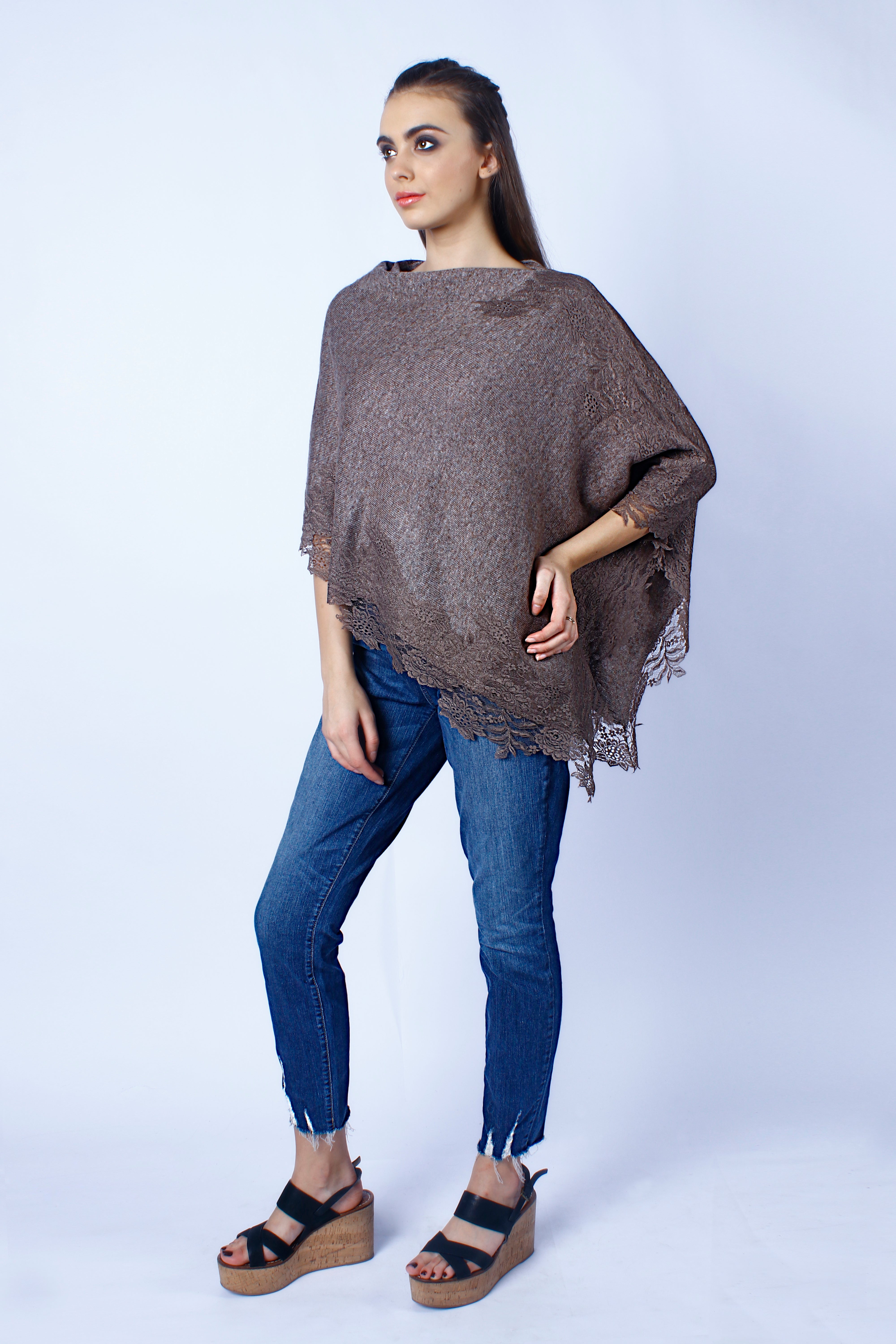 Petite Taupe Melange Knitted Wool Poncho with Taupe Floral Lace