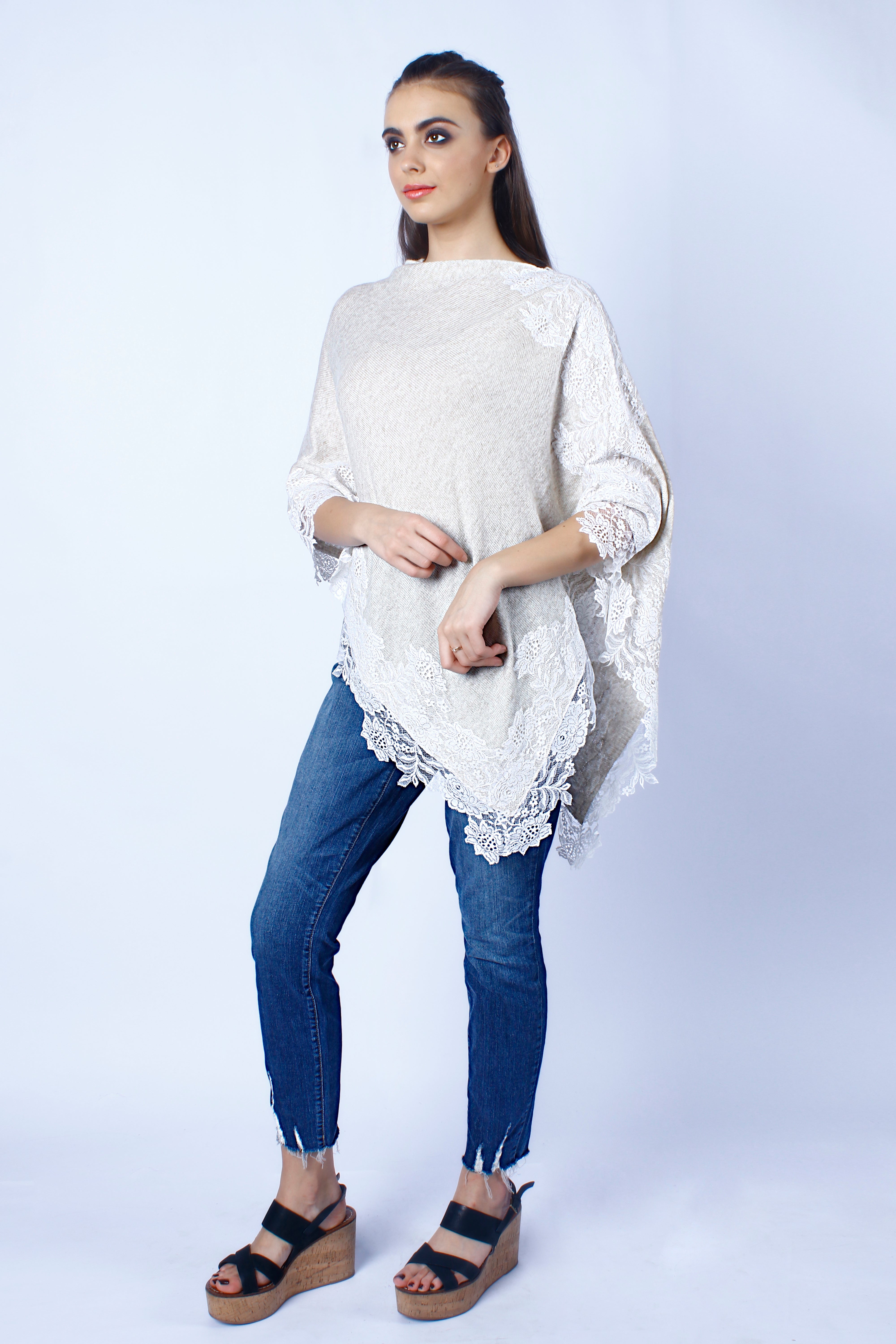 Petite Oatmeal M̩elange Knitted Wool Poncho with Oatmeal Floral Lace