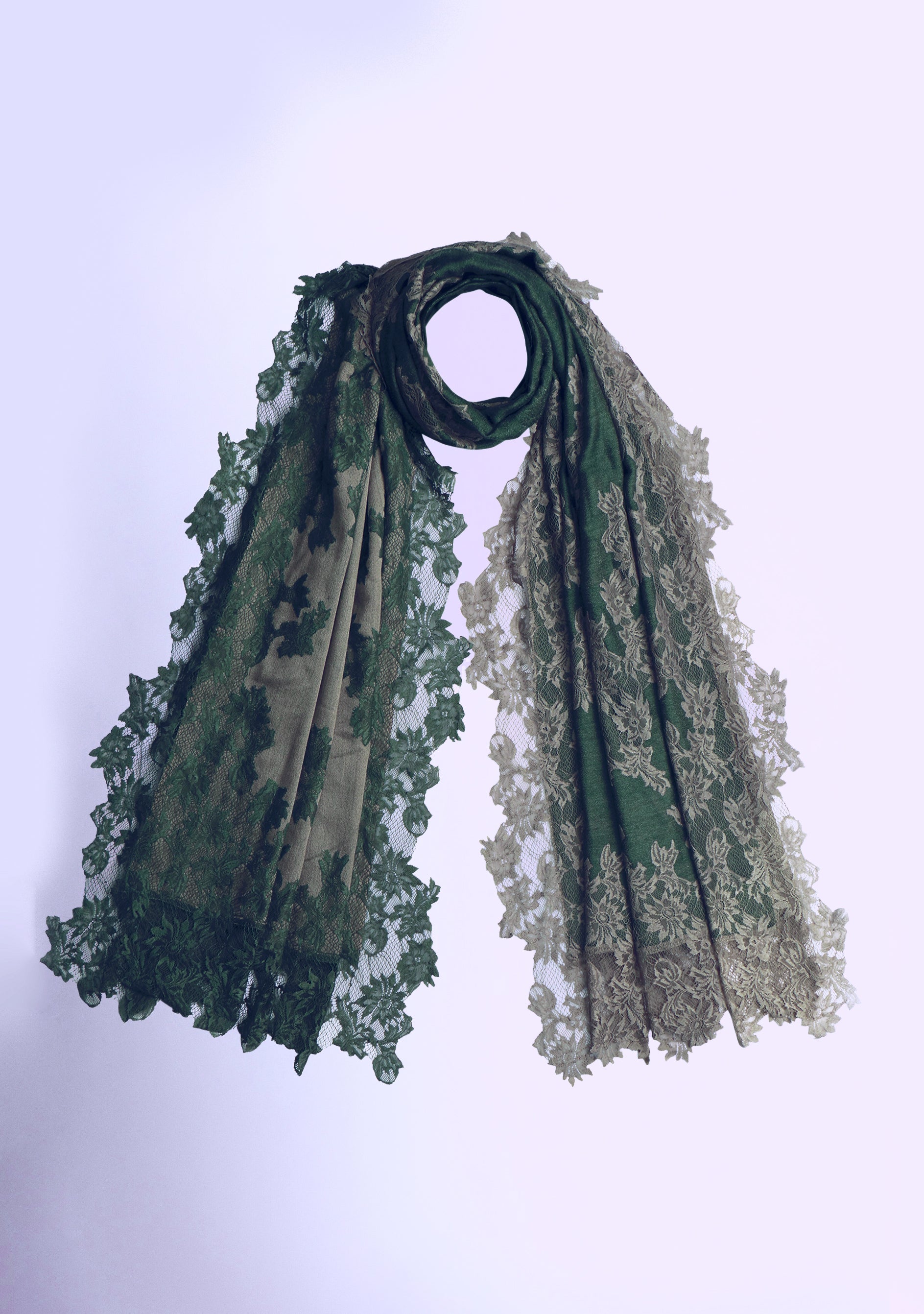 Dual Color Bottle Green and Taupe Reversible Wool and Silk Scarf with Dual Color Bottle Green and Taupe Floral Lace Application and Border