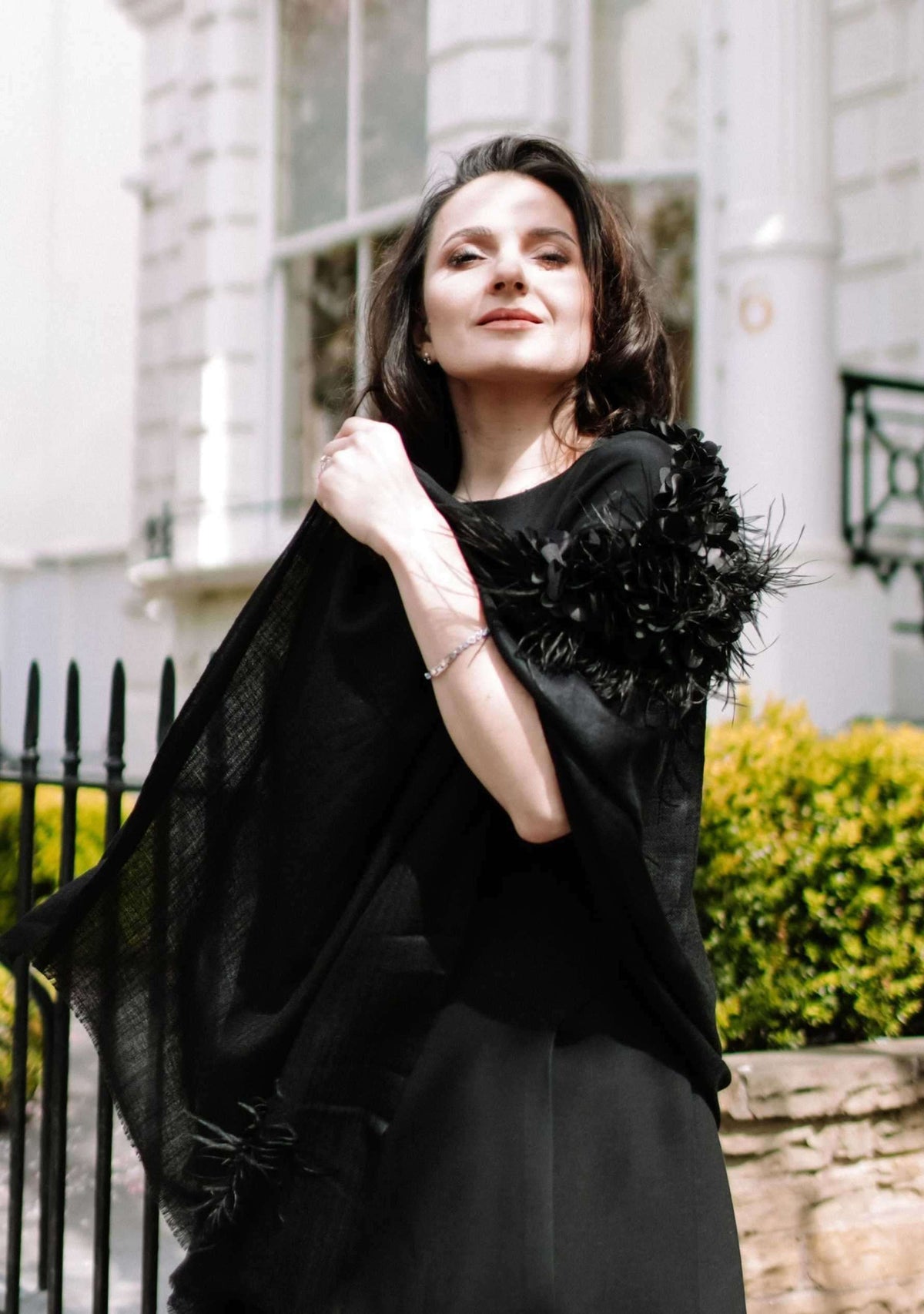 Black Cashmere Scarf Black Feather & Satin Applique