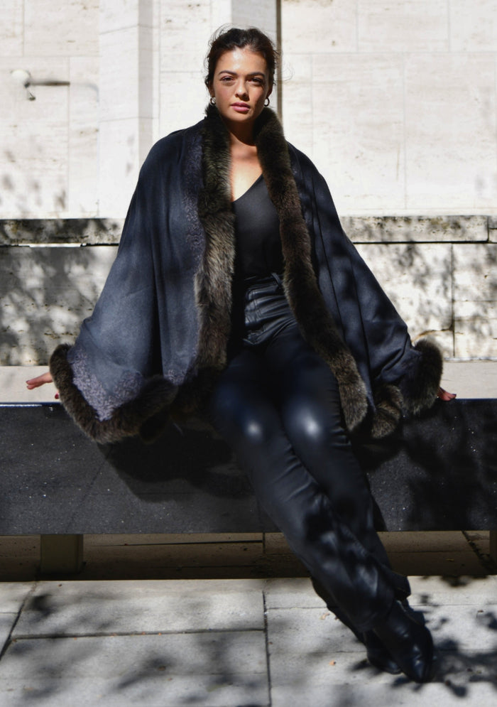 Charcoal Cashmere wrap, Fox Fur & Charcoal Floral Lace