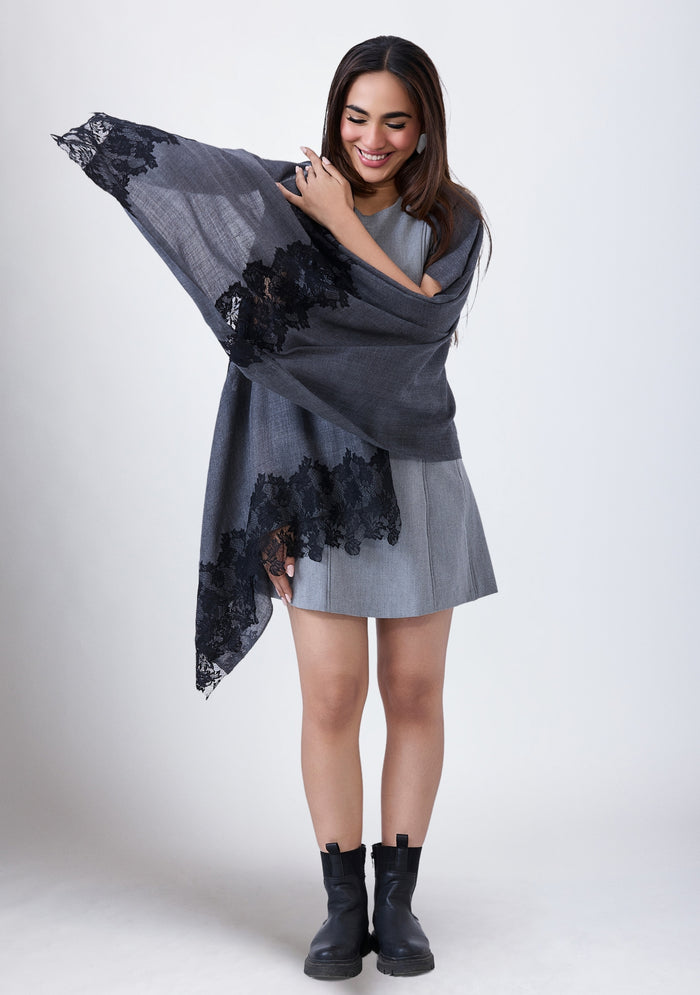 Charcoal Melange Wool & Silk Scarf Black Lace