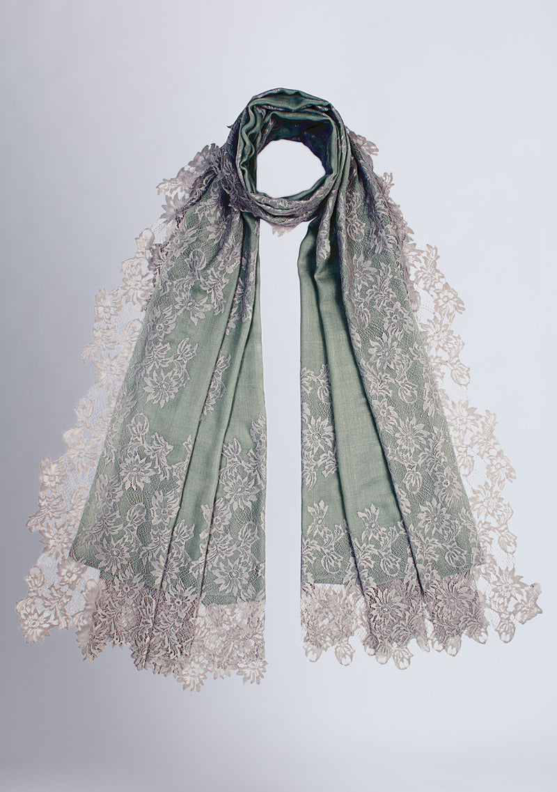 Sage Green Silk and Wool Scarf with a Mousse Floral Lace