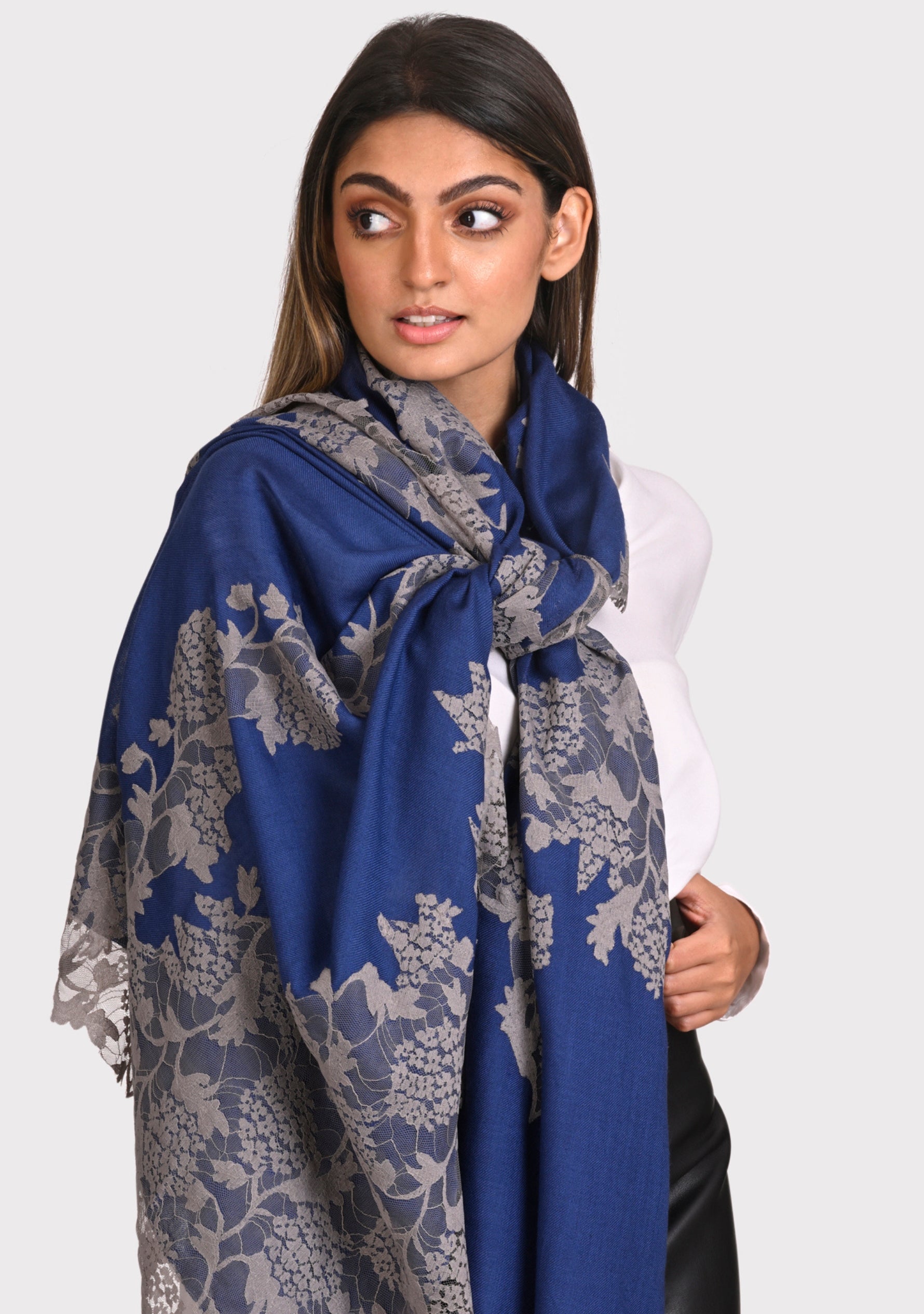 Denim Blue Silk And Wool Scarf with a Mousse Lace Application