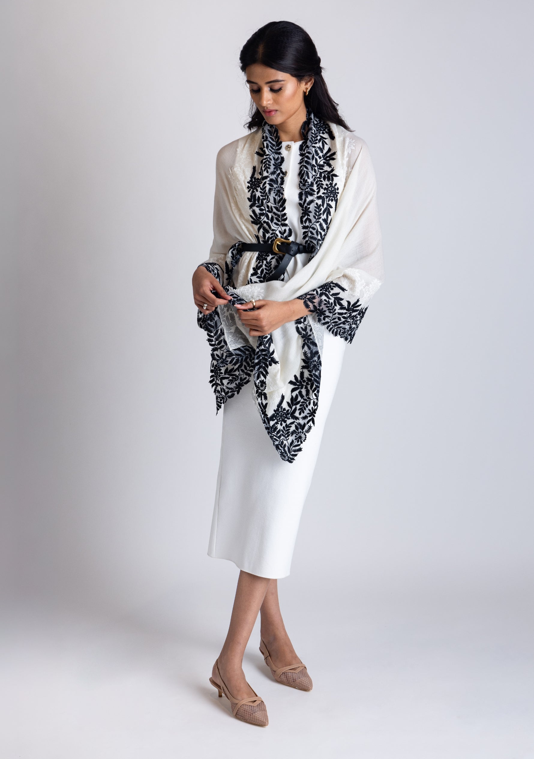 Ivory Cashmere Scarf with a Black Leaf Embroidery Border and Ivory Floral Lace Inset