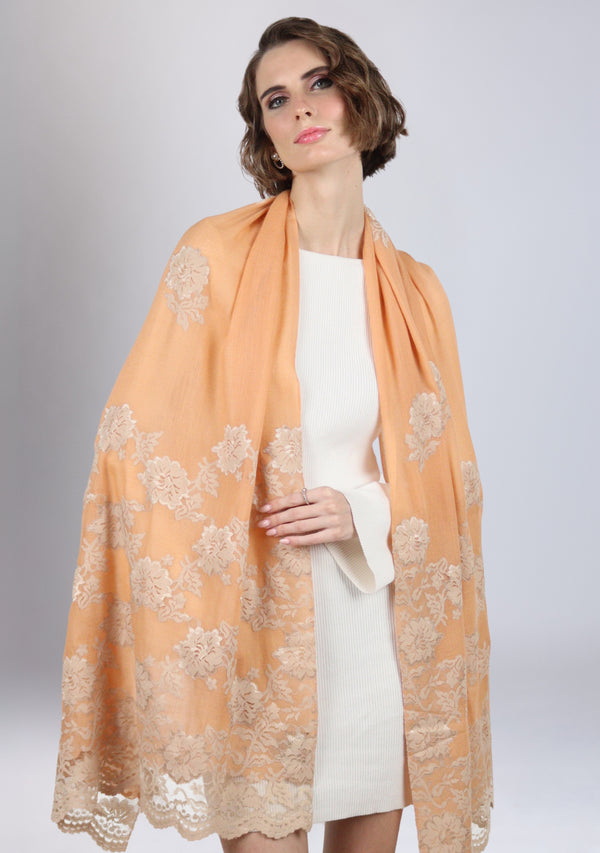 Dusty Orange Cashmere Scarf with Lt. Copper and Pink Chantilly Lace