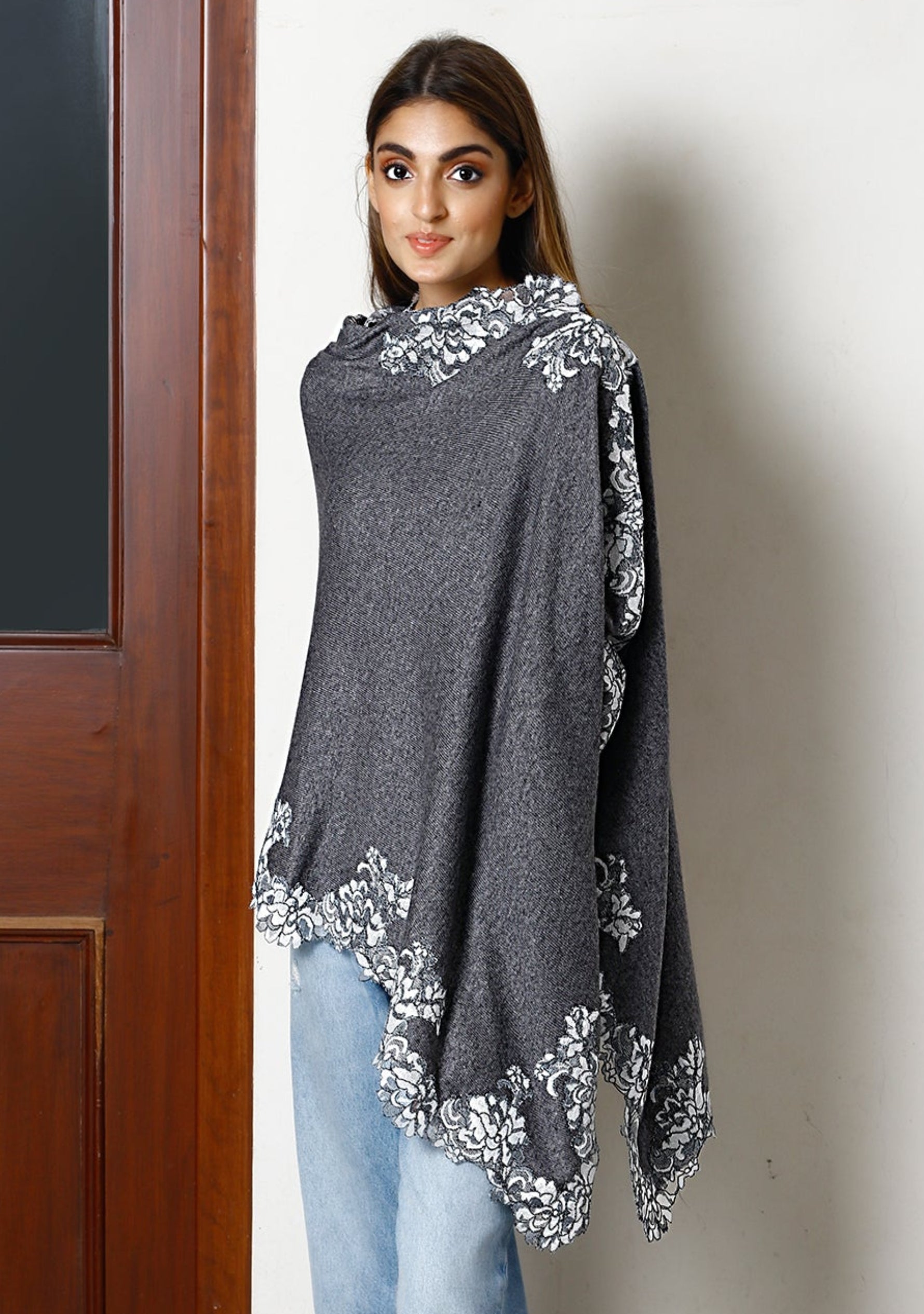 Dk. Gray Melange Wool Poncho Ivory Lace