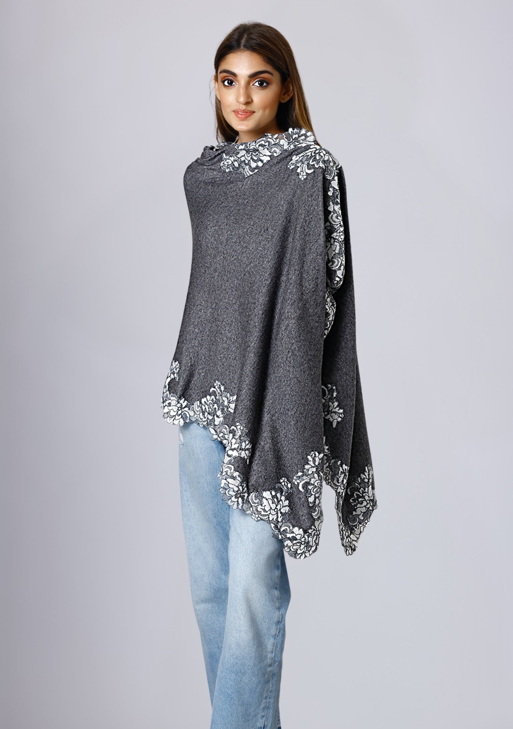 Dk. Grey M̩elange Knitted Wool Poncho with Ivory Chantilly Lace