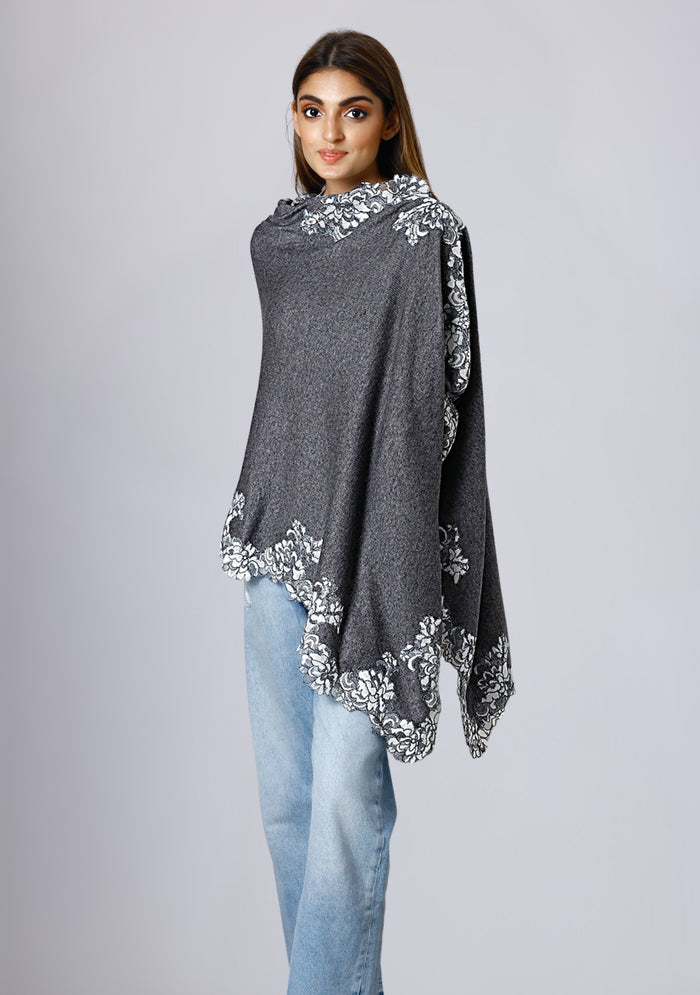 Dk. Gray Melange Wool Poncho Ivory Lace