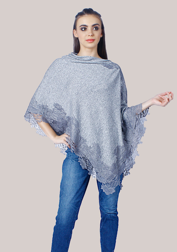 Petite Grey Melange Knitted Wool Poncho with Grey Floral Lace