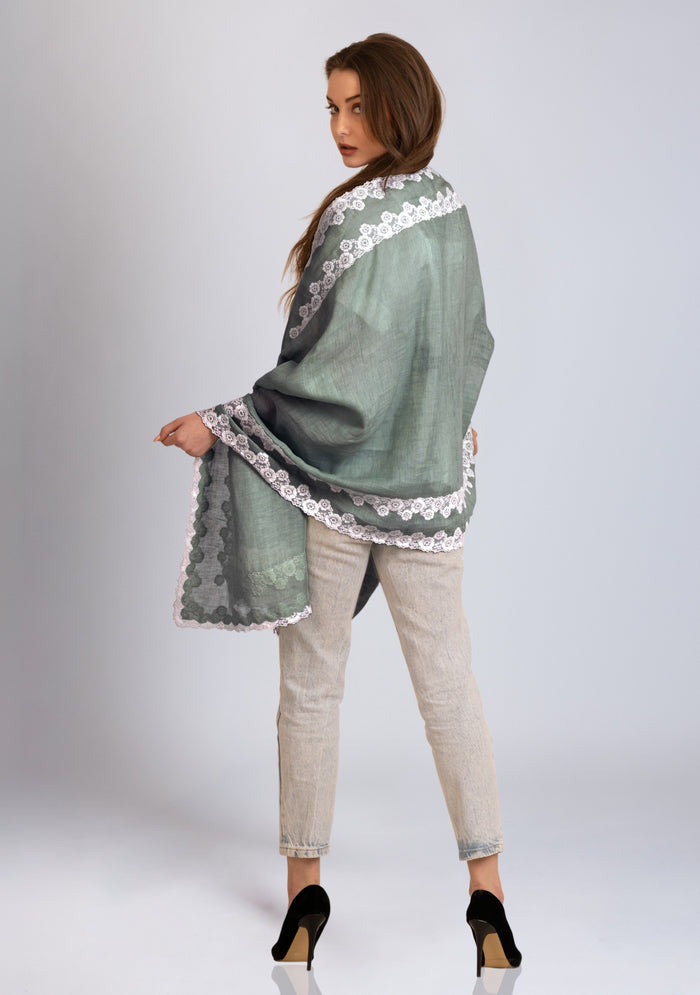 Lt. Sage Green Linen & Modal Scarf 
White Lace