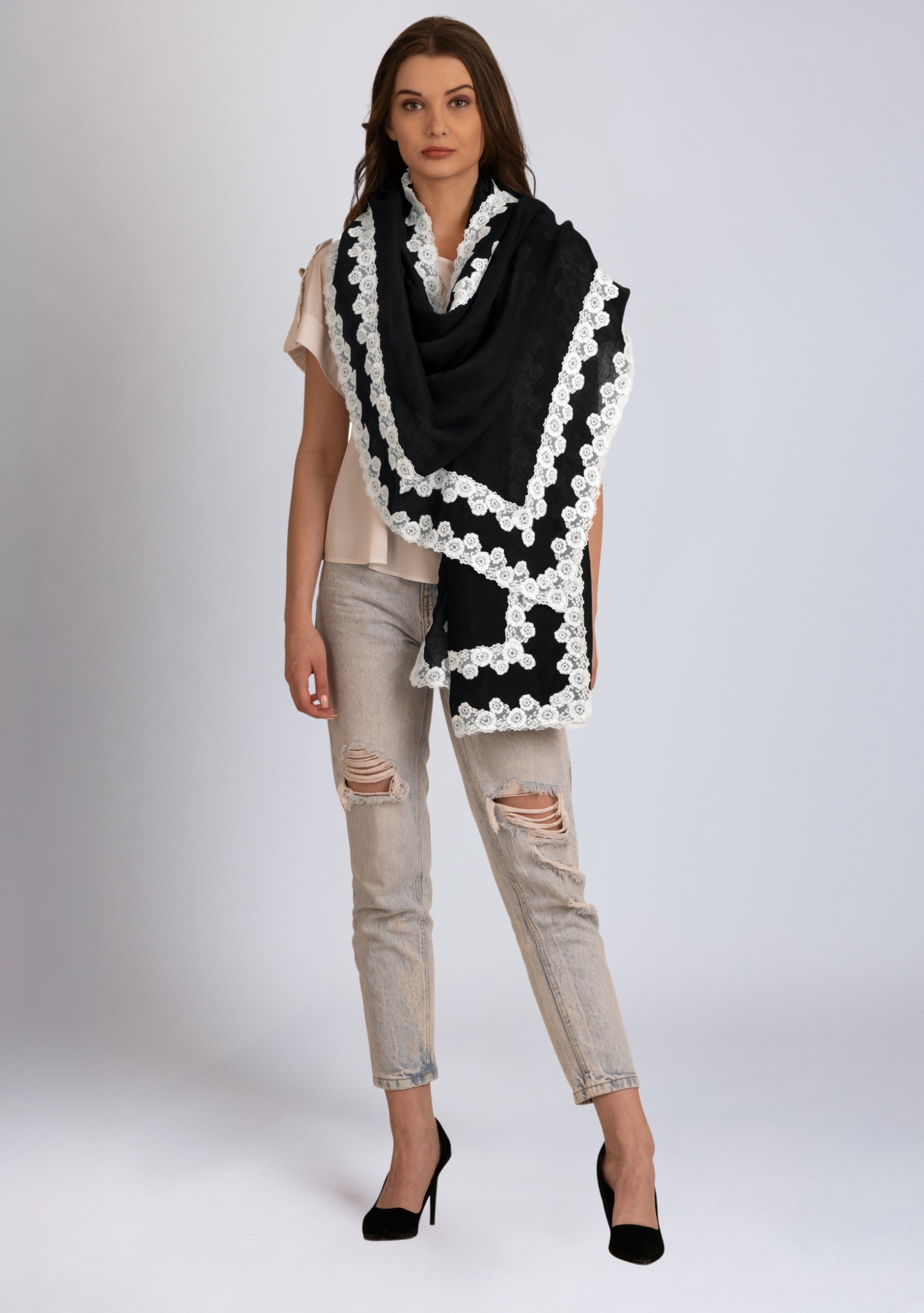 Black Linen and Modal Scarf with a Double White Lace Border