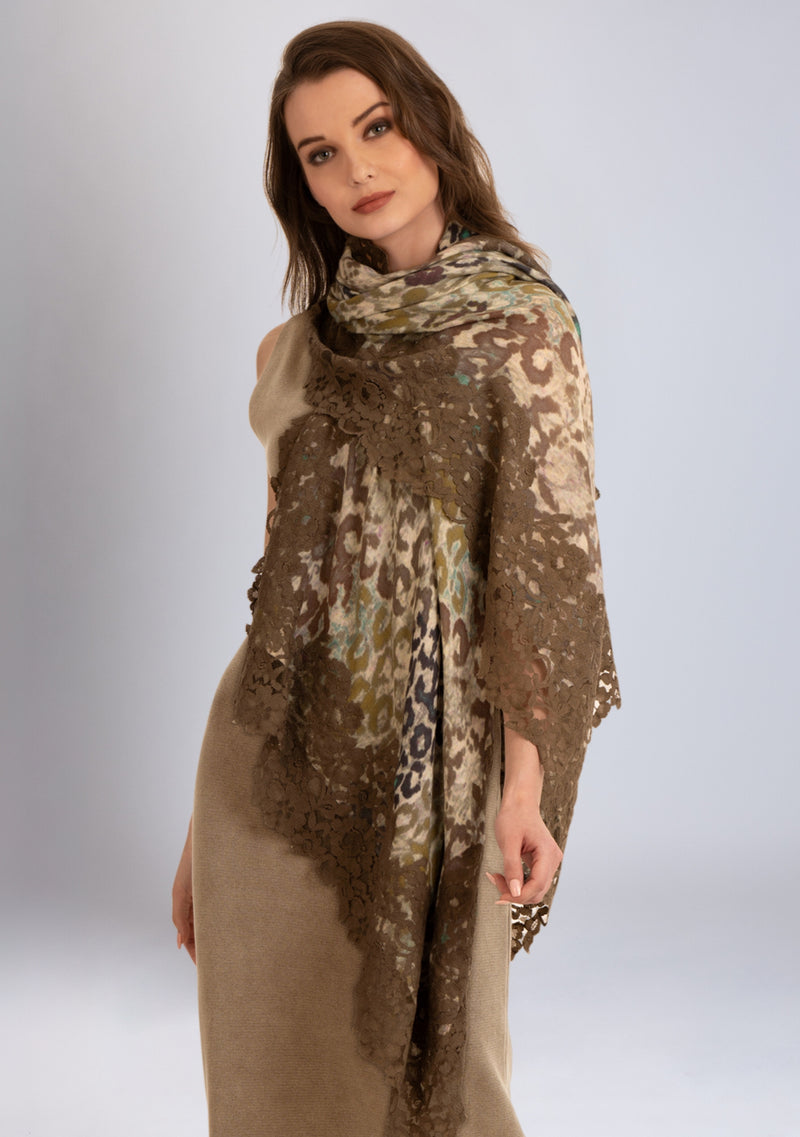 Multi Khaki Leopard Print Wool and Silk Scarf with a Khaki Floral Lace Border