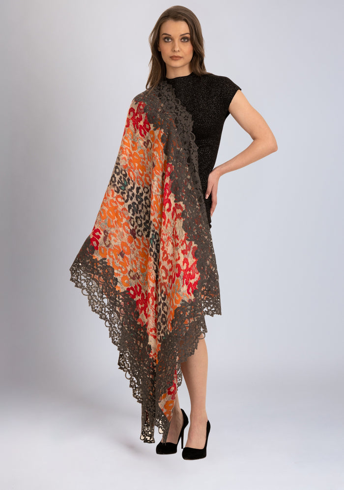 Red Leopard Print Wool & Silk ScarfGray Lace