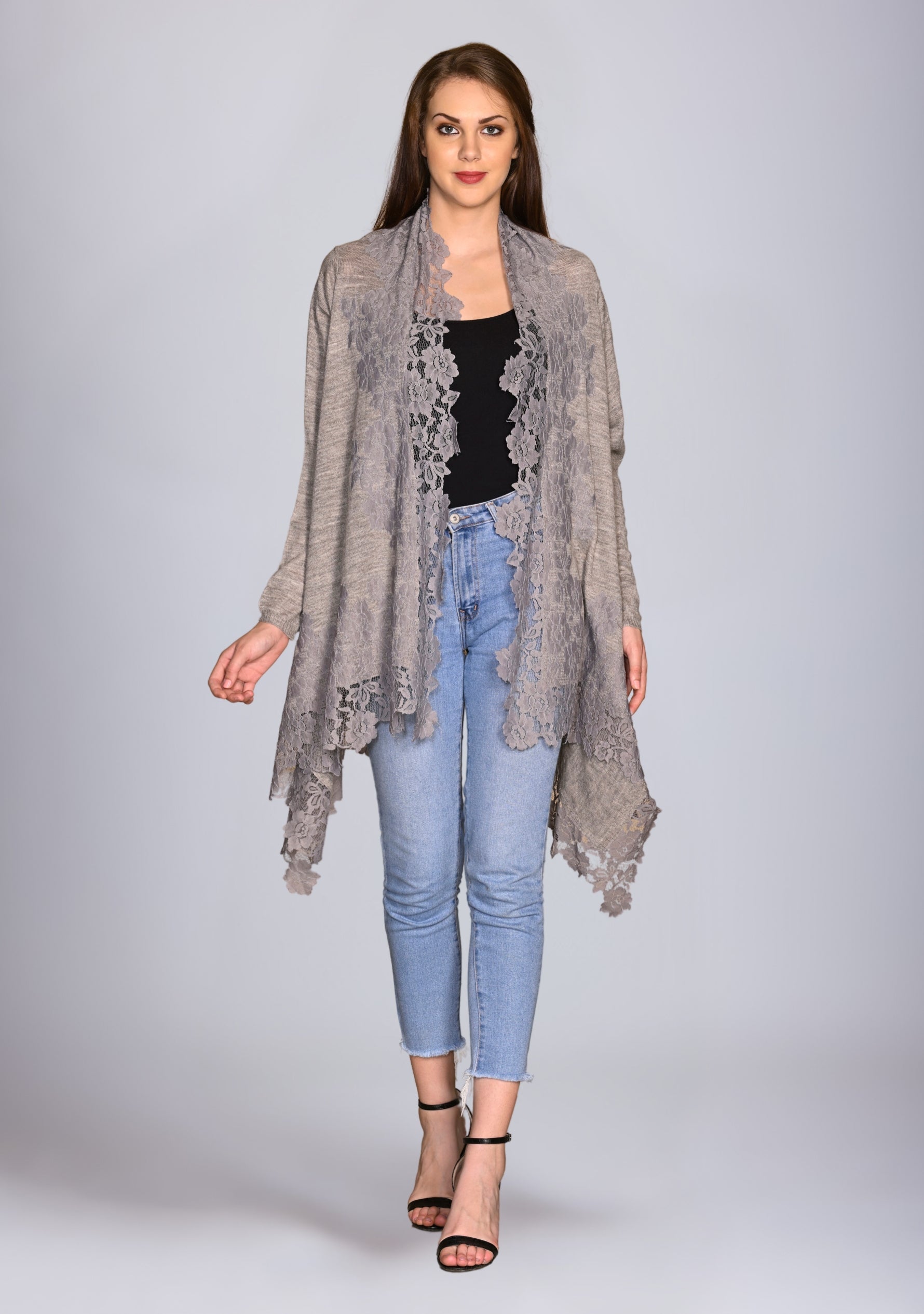 Taupe Melange Knitted Fine Wool Jacket with Mousse Floral Lace Border