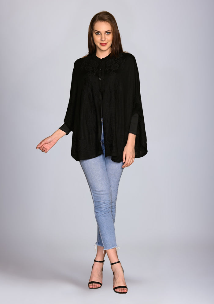 Black Wool Collared Cape 
Black Lace