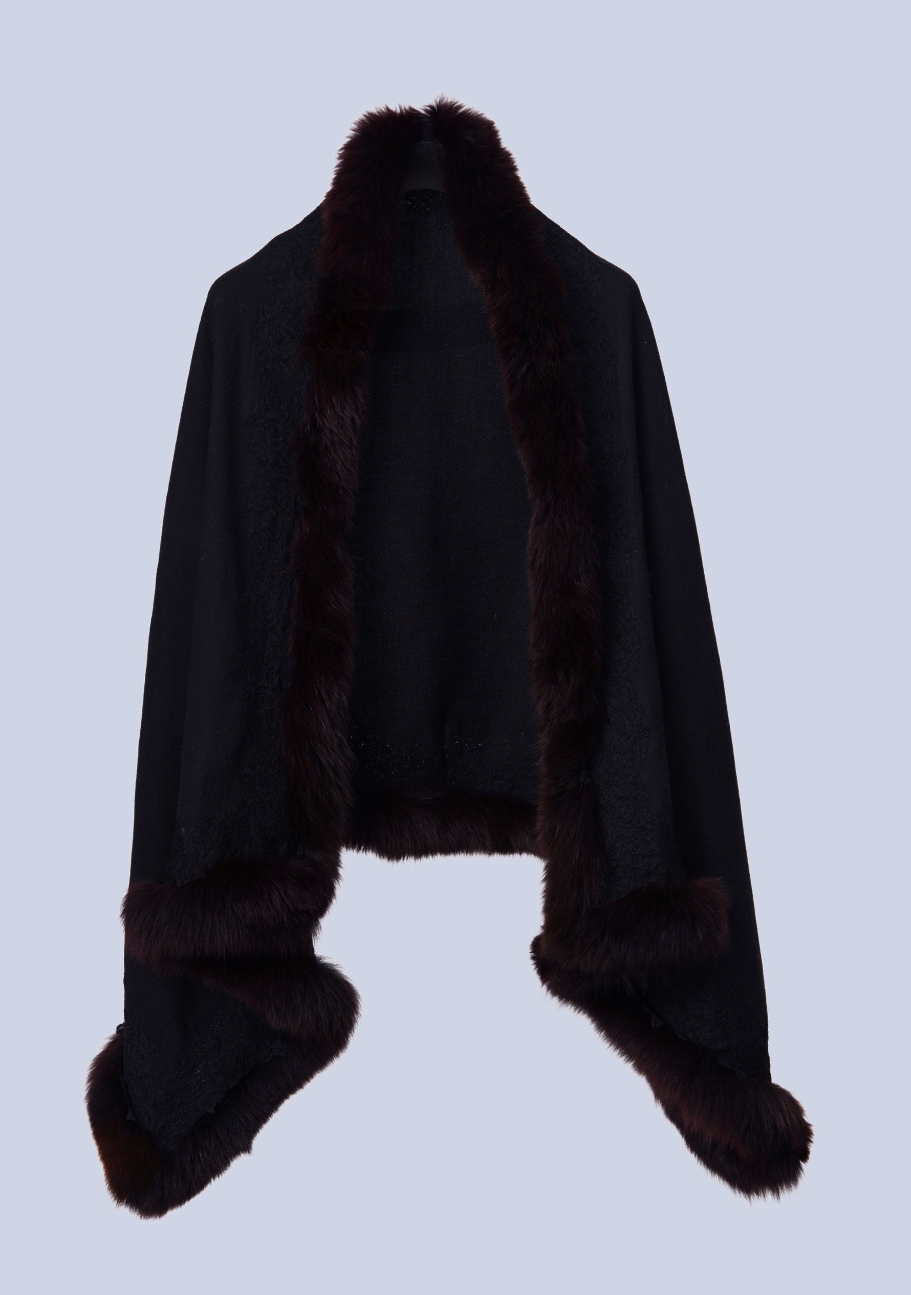 Black Cashmere Stole Brown Fox Fur & Black Floral Lace
