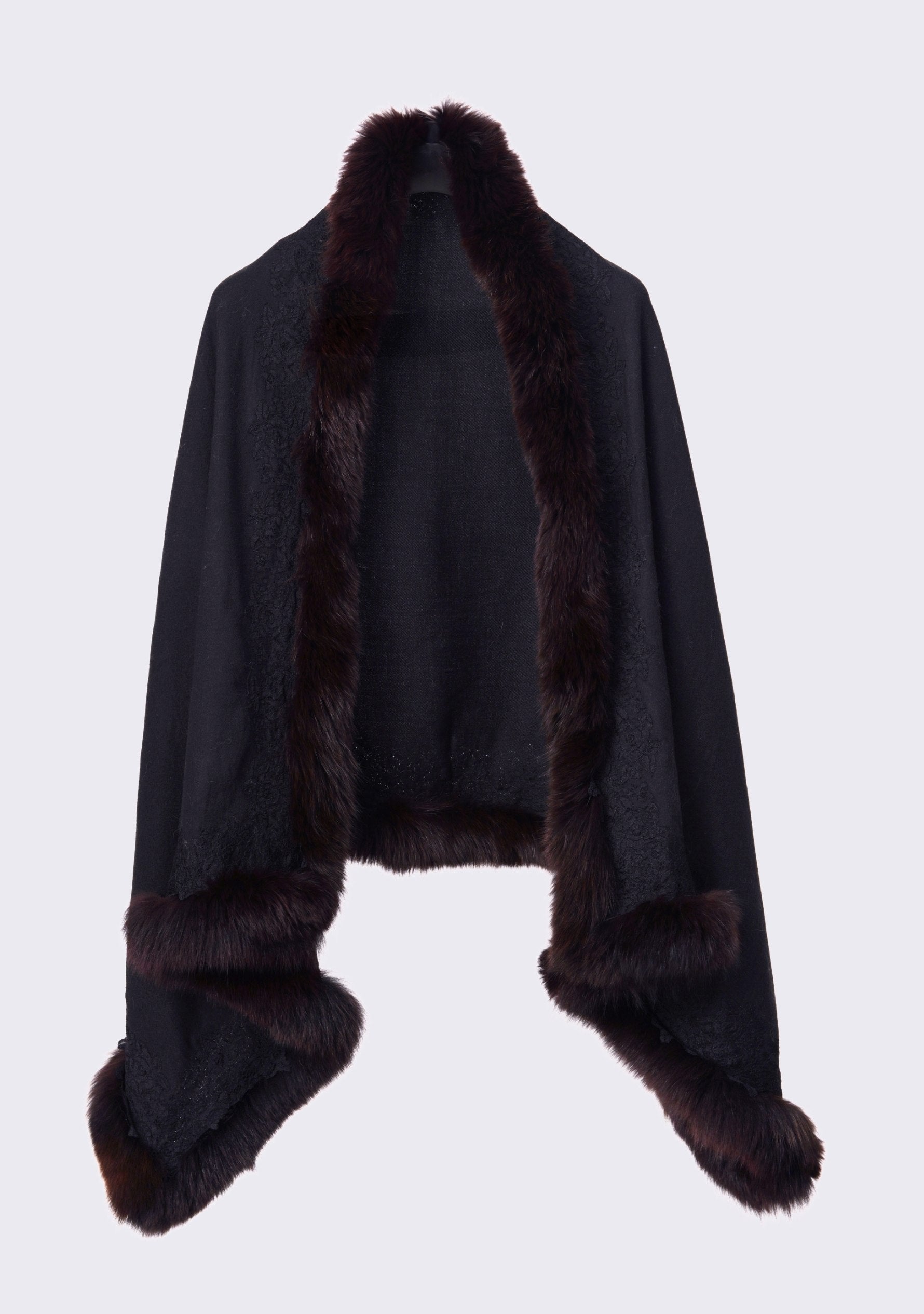Black Cashmere Stole Brown Fox Fur & Black Floral Lace