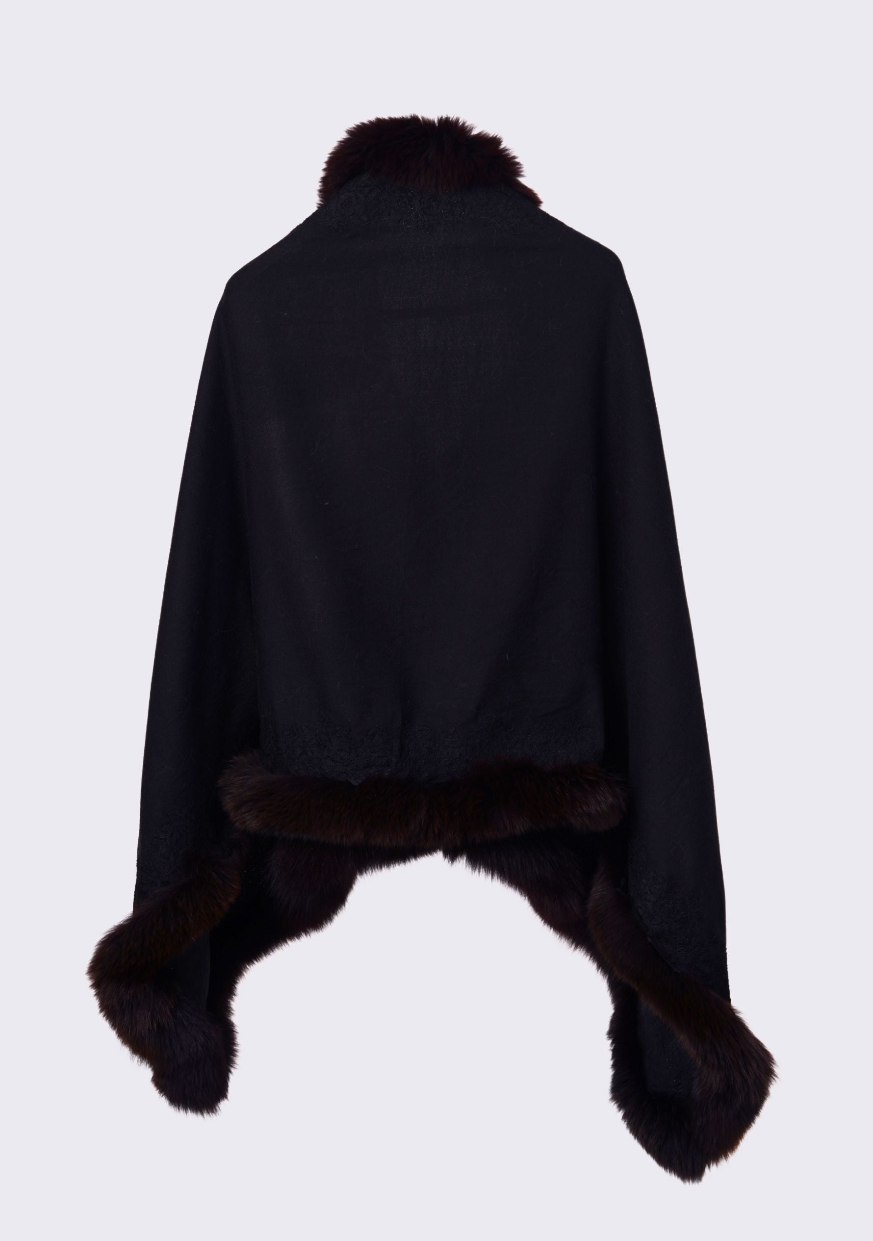 Black Cashmere wrap Brown, Fox Fur & Black Floral Lace