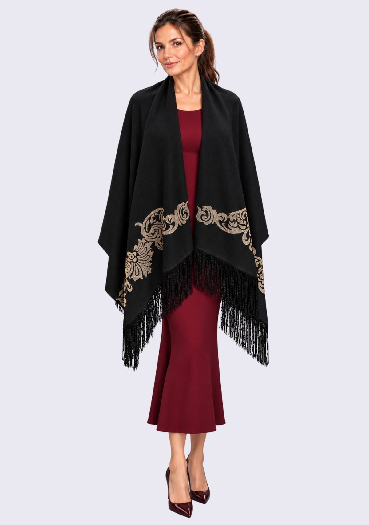 Maneesha Ruia Black Fine Wool Scarf with light gold metallic embroidery and black fringes