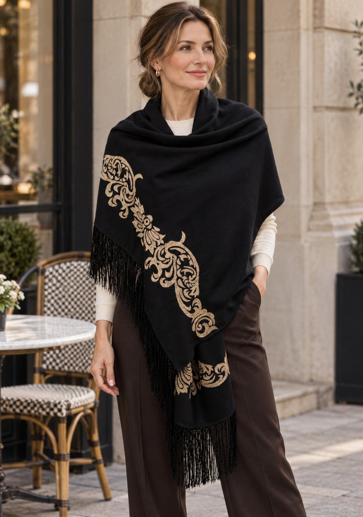 Maneesha Ruia Black Fine Wool Scarf with light gold metallic embroidery and black fringes