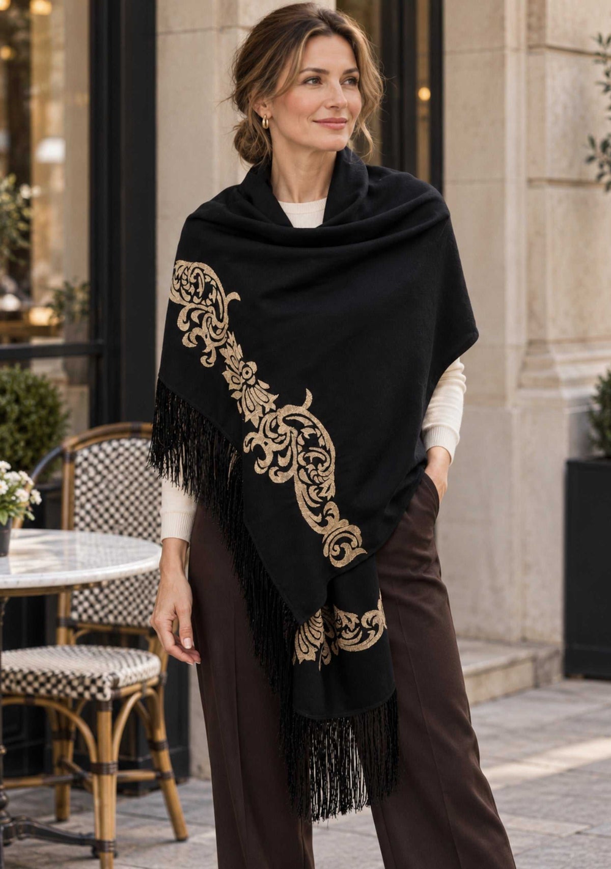 Maneesha Ruia Black Fine Wool Scarf with light gold metallic embroidery and black fringes