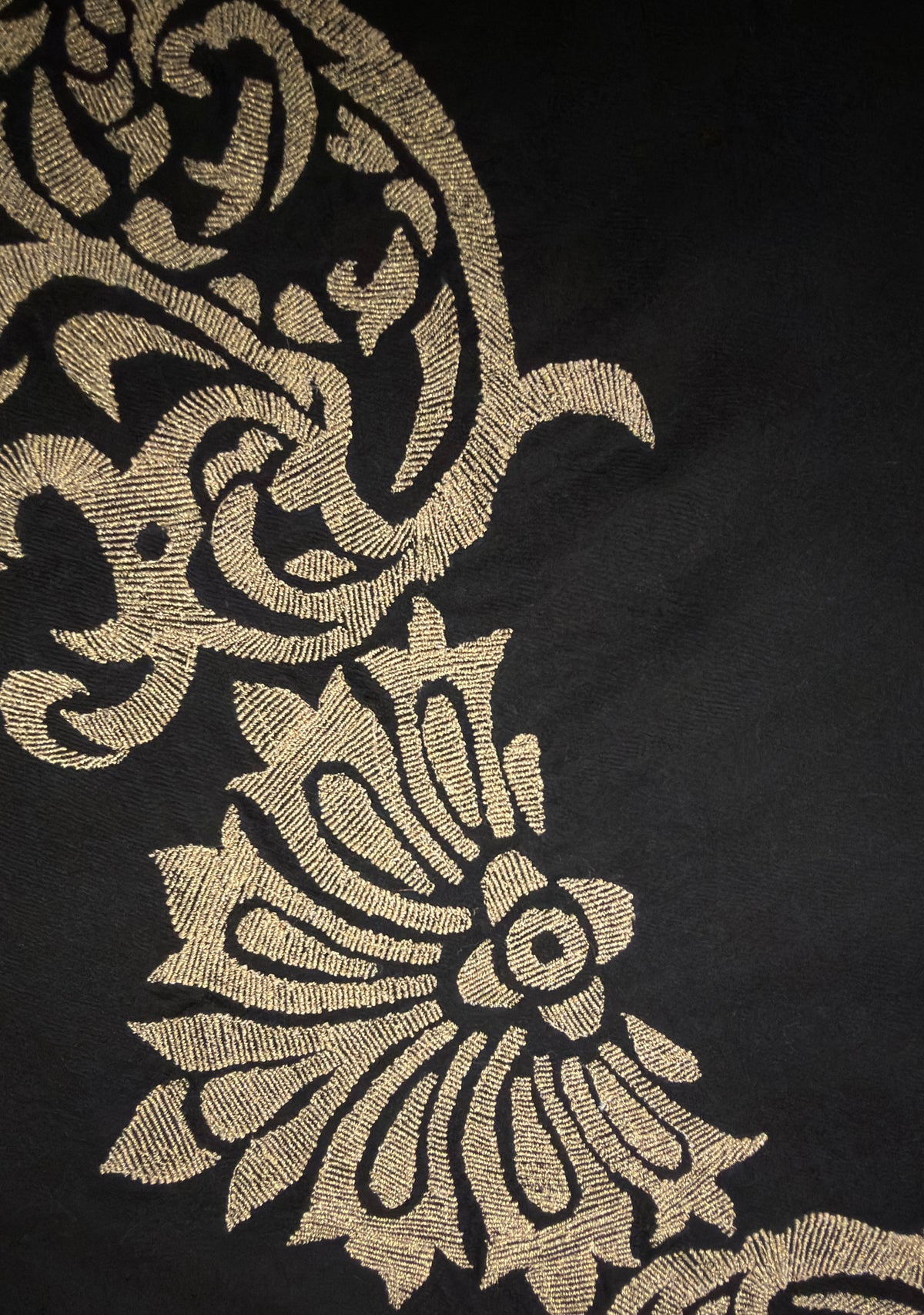 Maneesha Ruia Black Fine Wool Scarf with light gold metallic embroidery and black fringes