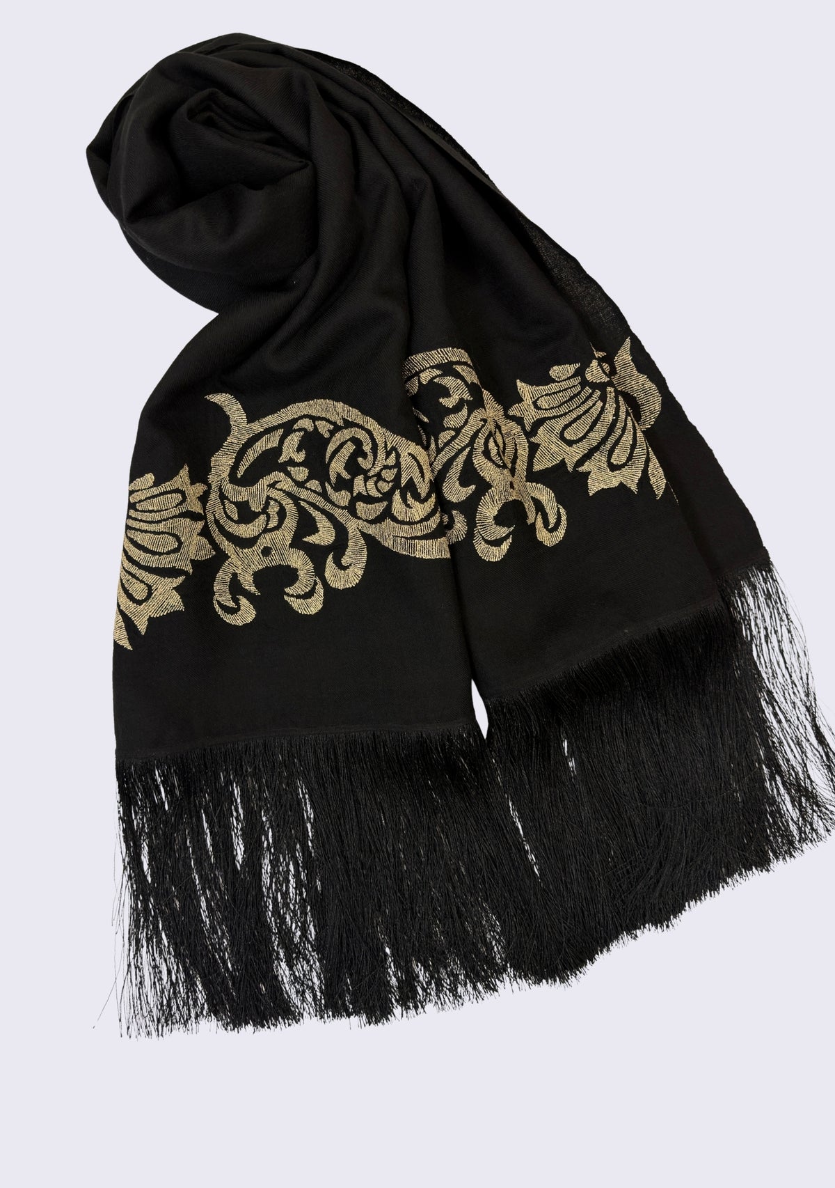 Maneesha Ruia Black Fine Wool Scarf with light gold metallic embroidery and black fringes