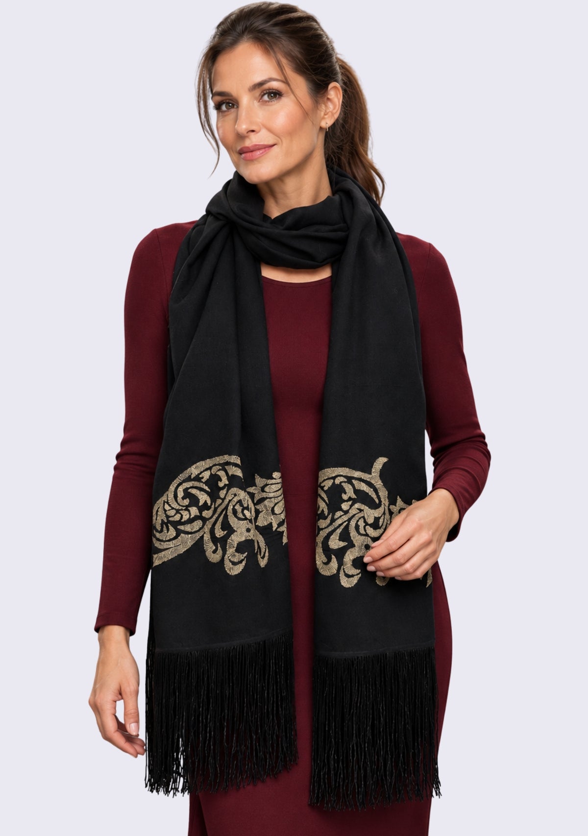 Maneesha Ruia Black Fine Wool Scarf with light gold metallic embroidery and black fringes