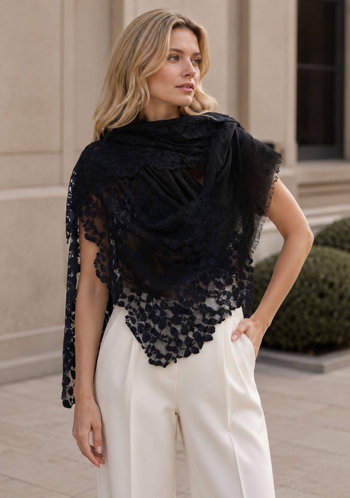 Black Linen & Modal Scarf with Black Lace