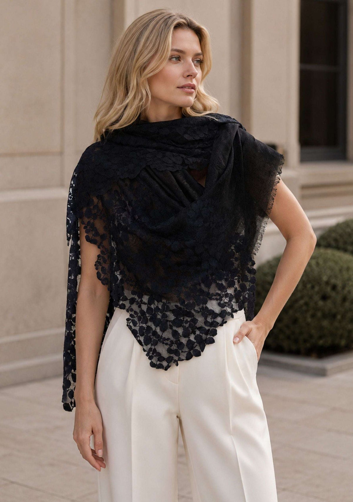 Black Linen & Modal Scarf with Black Lace