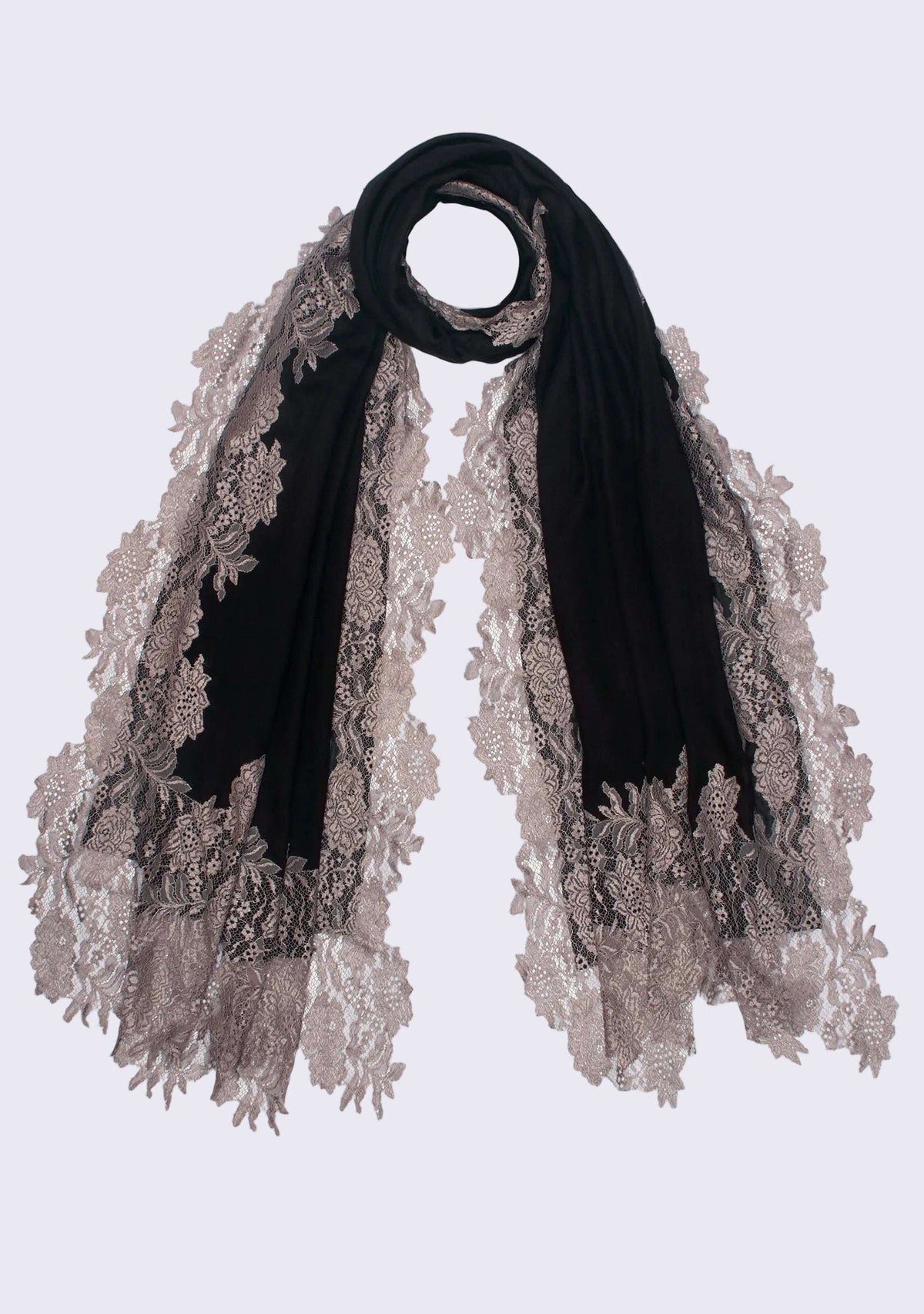 Black wool and silk scarf with antique silver lace