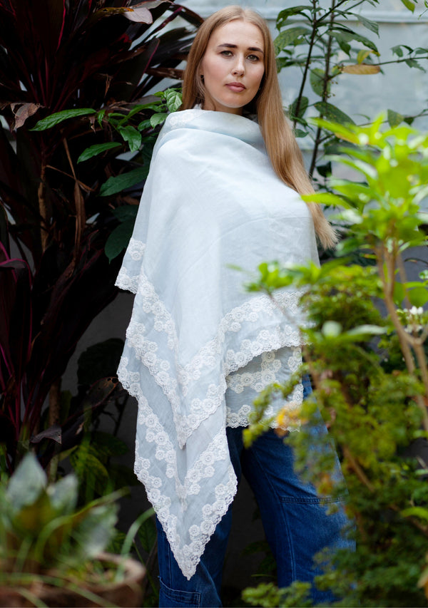 Lt. Blue Linen and Modal Scarf with a Double White Lace Border