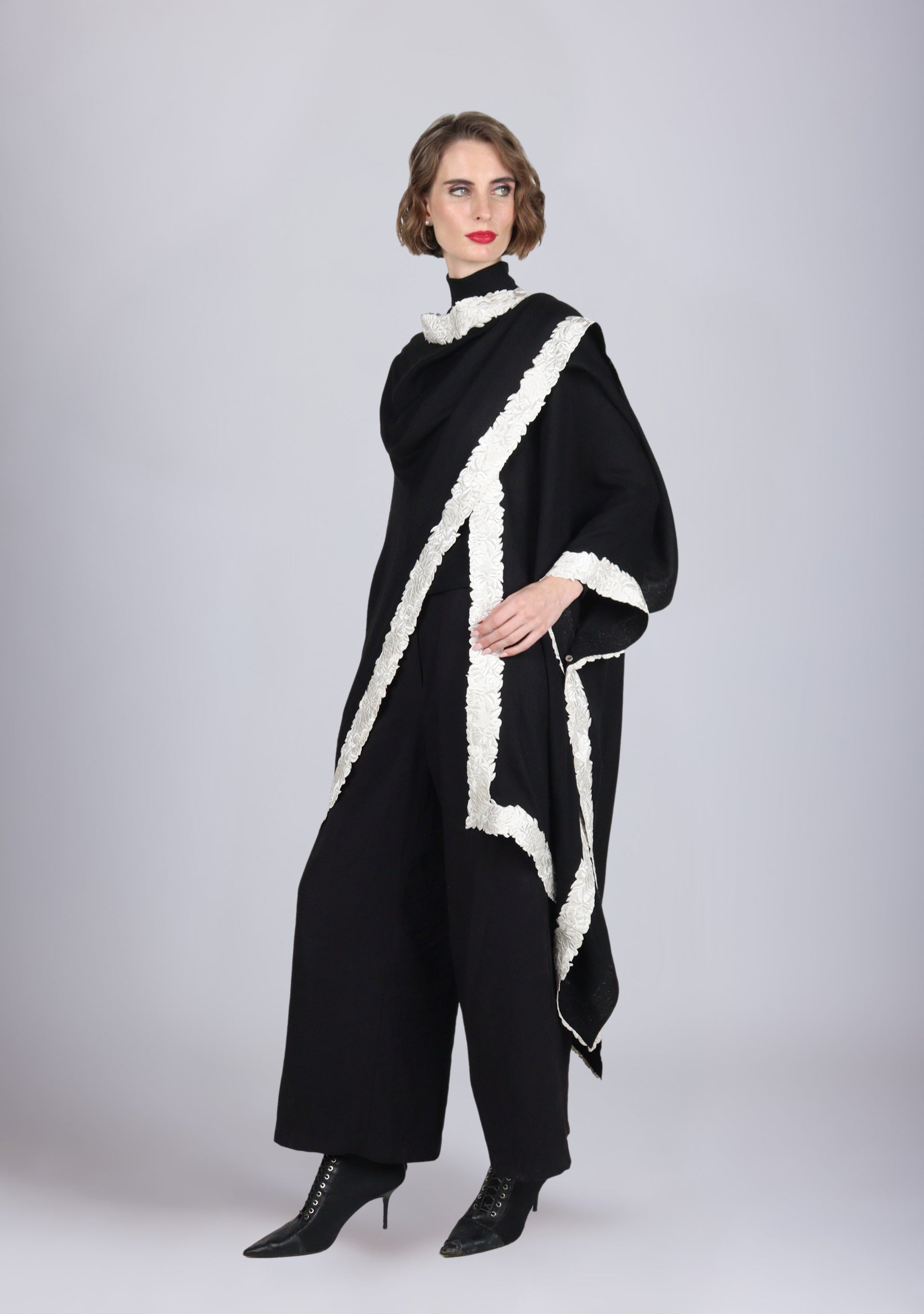 Black Wool and Silk Wrap with an Ivory Floral Embroidery Border