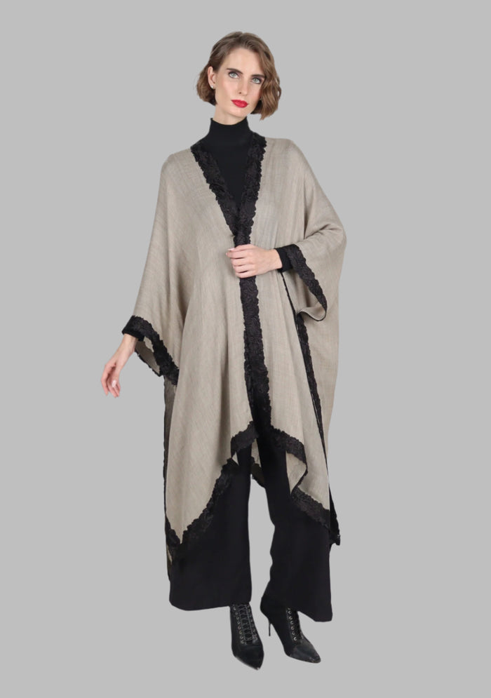 Natural Melange Wool & Silk Wrap 
Black Embroidery